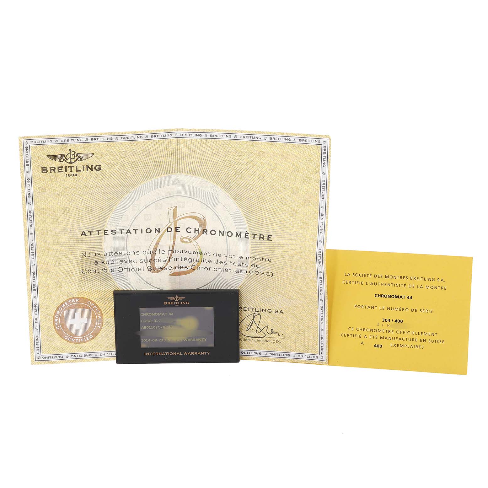 The image shows the certification and warranty papers for a Breitling Chronomat AB01103C/BC48 Men
s Stainless Steel Mother of Pearl Dial AB01103C/BC48 Men
s Stainless Steel Mother of Pearl Dial watch model taken from a front angle.