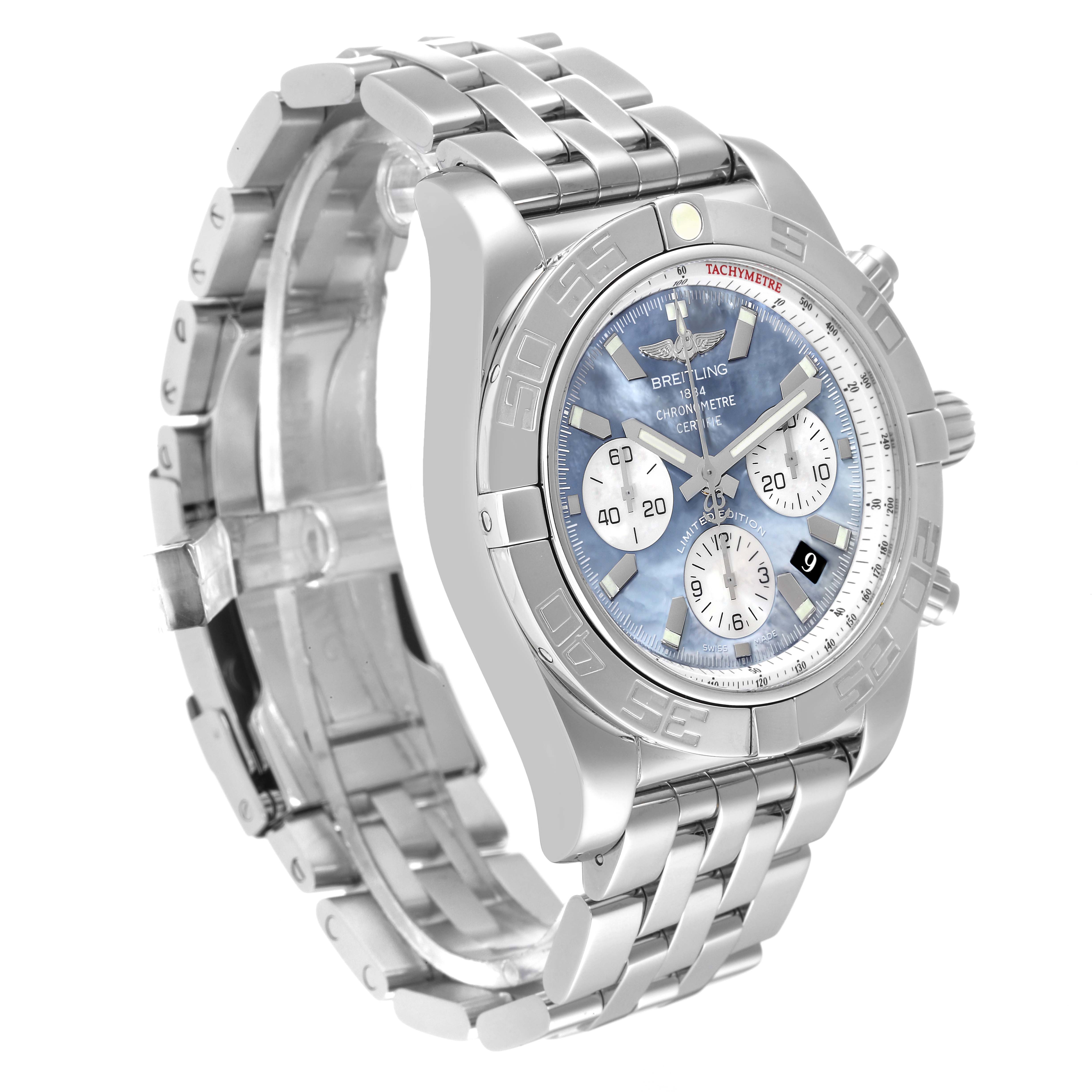 The image shows a Breitling Chronomat AB01103C/BC48 Men
s Stainless Steel Mother of Pearl Dial AB01103C/BC48 Men
s Stainless Steel Mother of Pearl Dial watch at a three-quarter angle, featuring its dial, bezel, chronograph buttons, and metal bracelet.