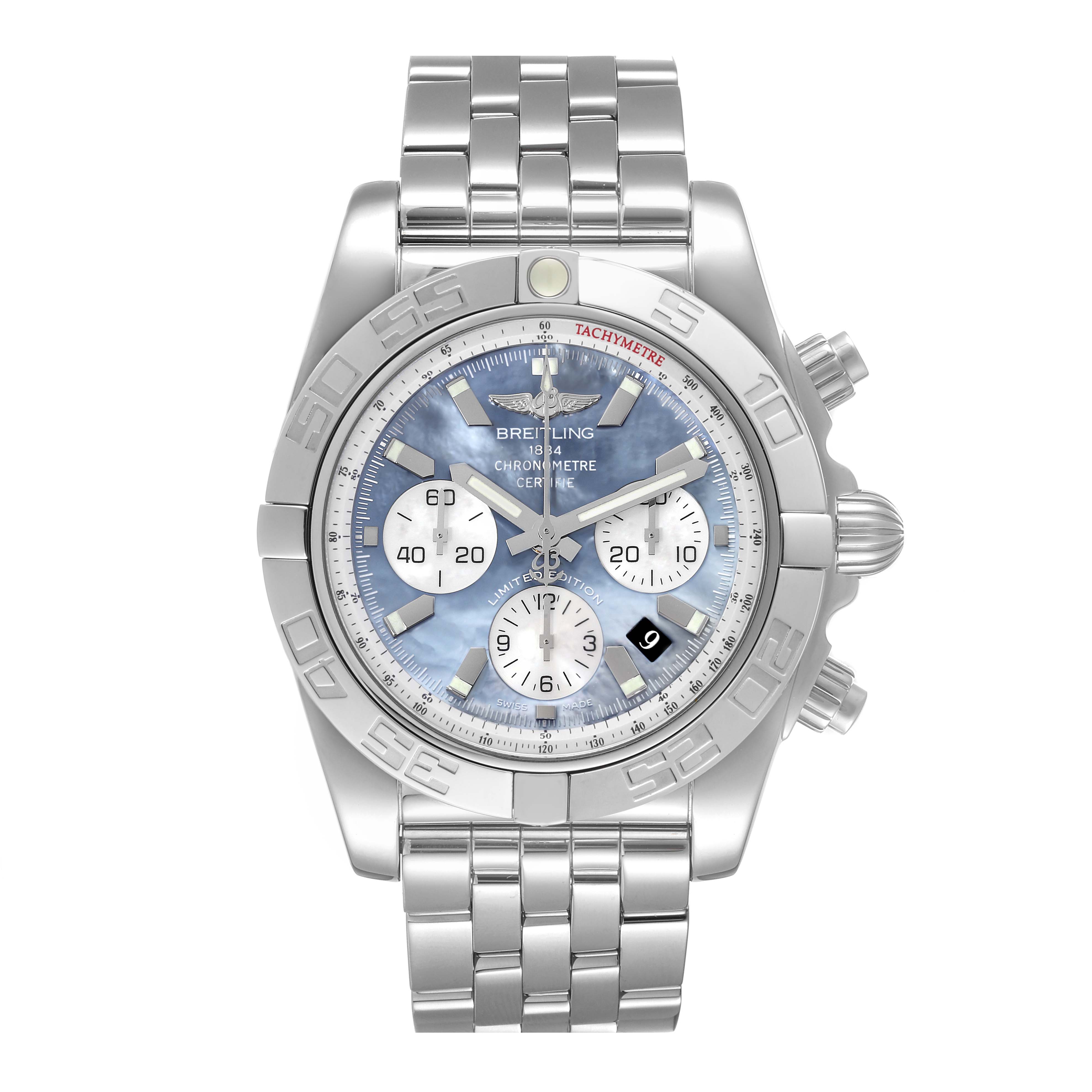 The image shows a front view of the Breitling Chronomat AB01103C/BC48 Men
s Stainless Steel Mother of Pearl Dial AB01103C/BC48 Men
s Stainless Steel Mother of Pearl Dial watch, highlighting its dial, subdials, tachymeter bezel, and metal bracelet.