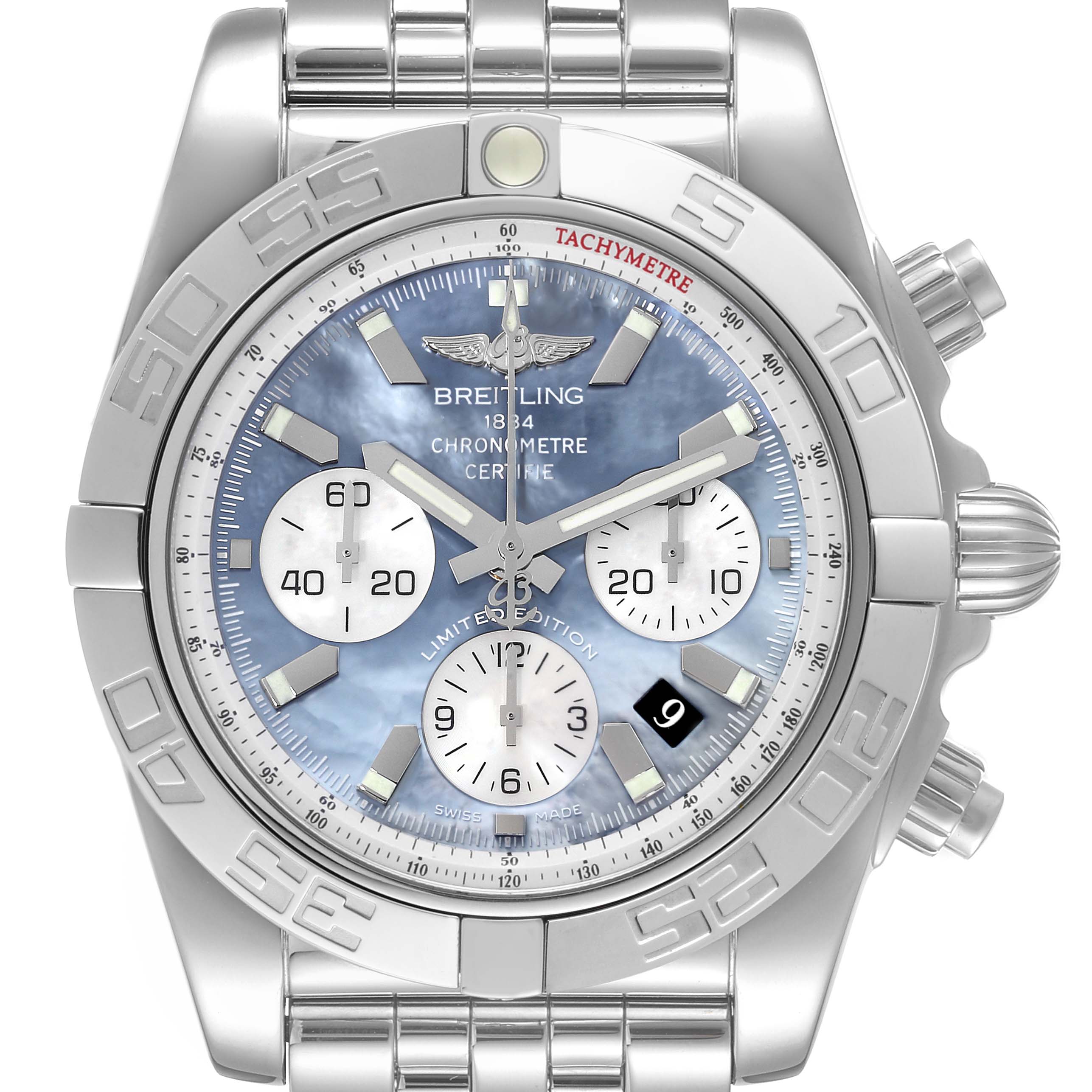 The image shows a front view of a Breitling Chronomat AB01103C/BC48 Men
s Stainless Steel Mother of Pearl Dial AB01103C/BC48 Men
s Stainless Steel Mother of Pearl Dial watch, displaying the face, bezel, pushers, and part of the bracelet.