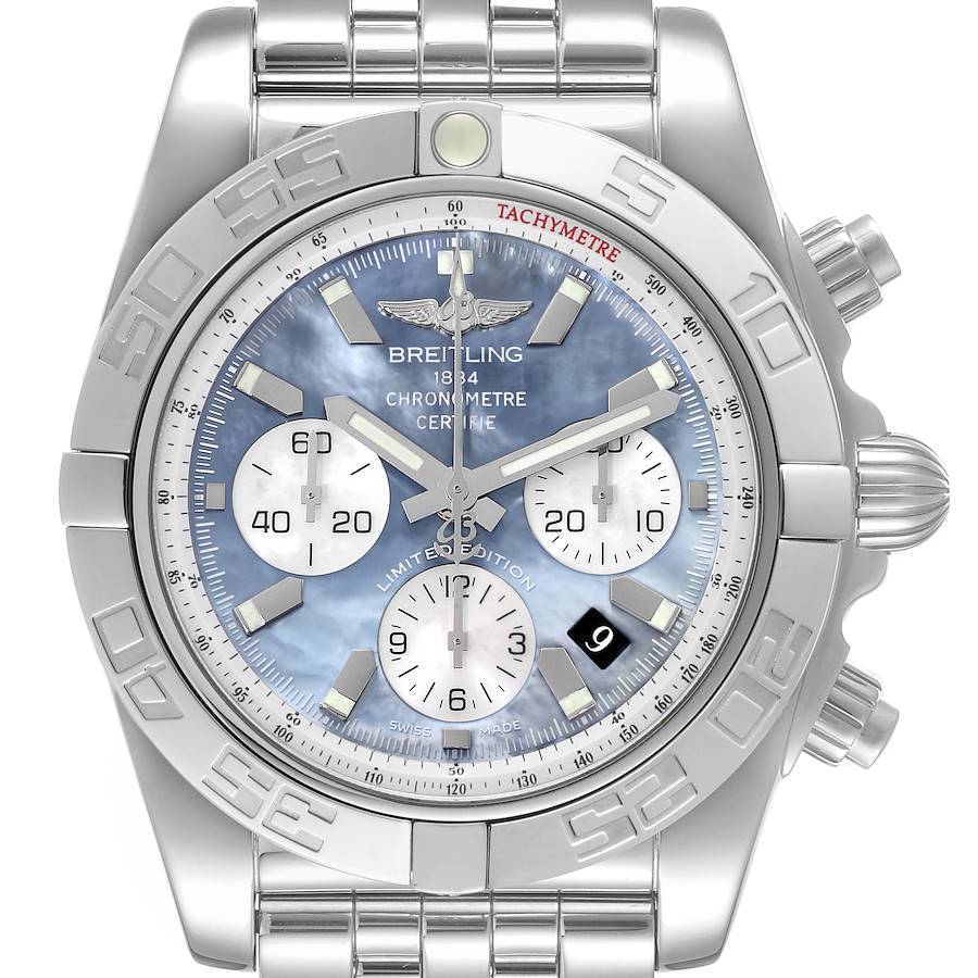 Breitling Chronomat 01 Blue Mother of Pearl Steel Mens Watch AB0110 Box Card SwissWatchExpo