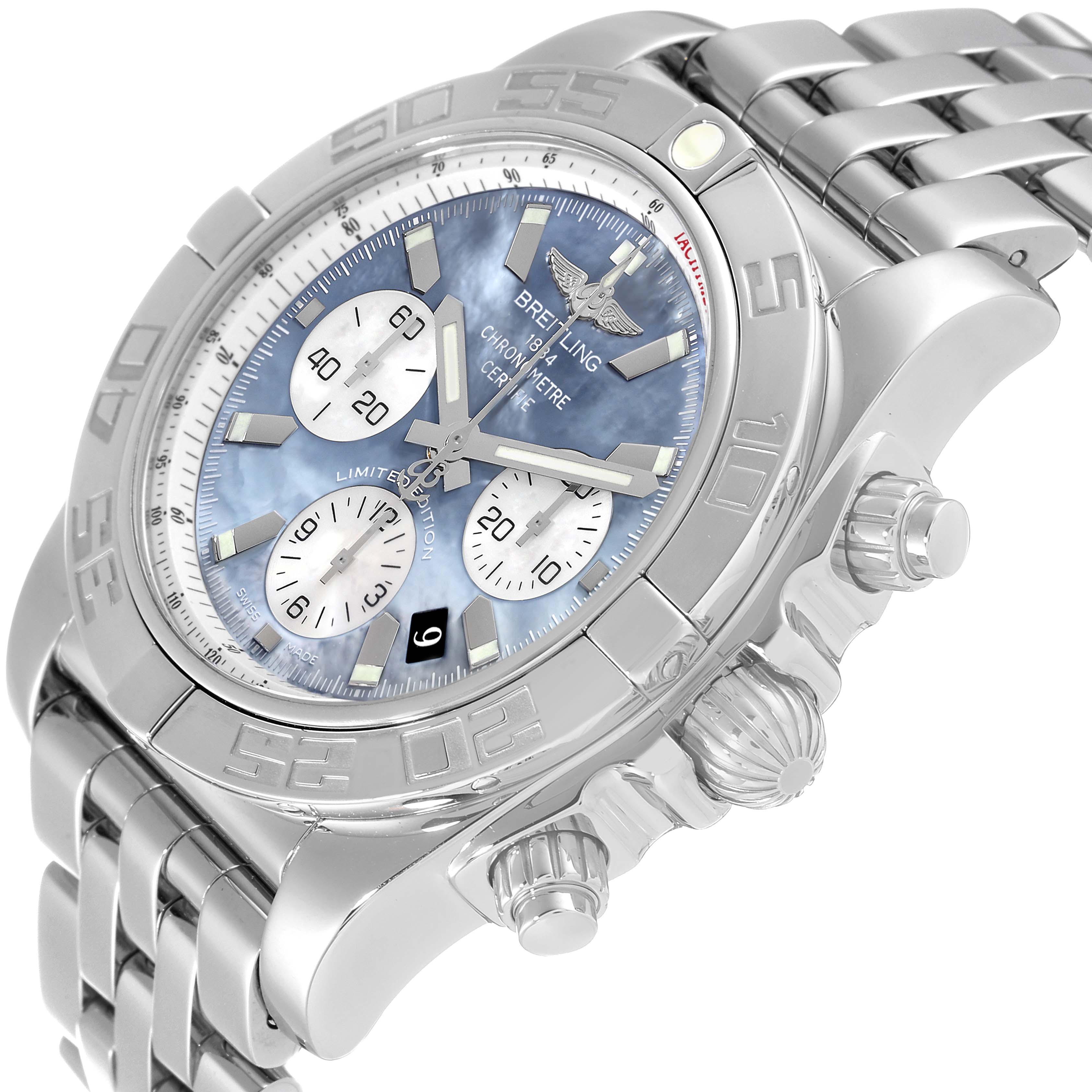 This image shows a stainless steel Breitling Chronomat AB01103C/BC48 Men
s Stainless Steel Mother of Pearl Dial AB01103C/BC48 Men
s Stainless Steel Mother of Pearl Dial watch at an angled close-up, highlighting the dial, bezel, and crown.