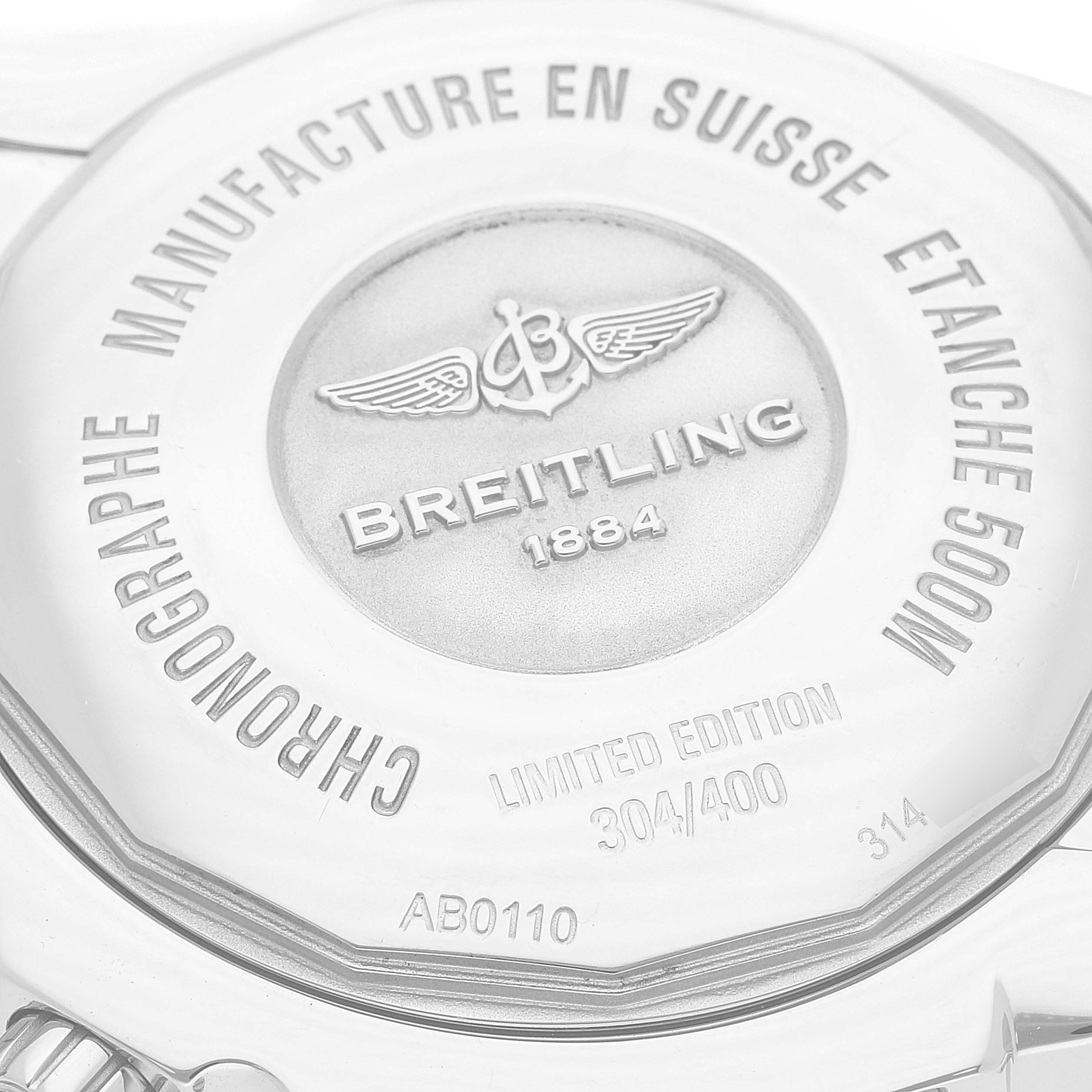 The image shows the back case of a Breitling Chronomat AB01103C/BC48 Men
s Stainless Steel Mother of Pearl Dial AB01103C/BC48 Men
s Stainless Steel Mother of Pearl Dial watch, detailing its engravings and limited edition number.