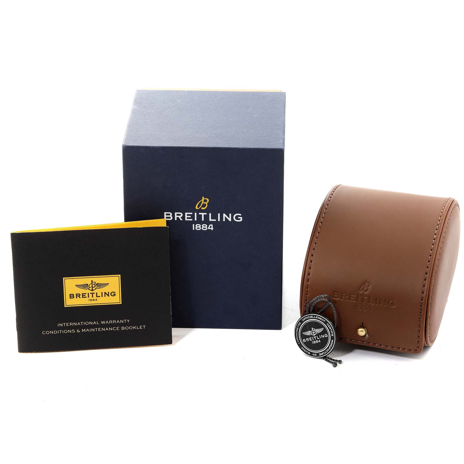 The image shows the packaging, warranty booklet, and leather travel case for a Breitling Navitimer UB0127 Men's Steel and Gold (two tone) Black Dial UB0127 Men's Steel and Gold (two tone) Black Dial watch.