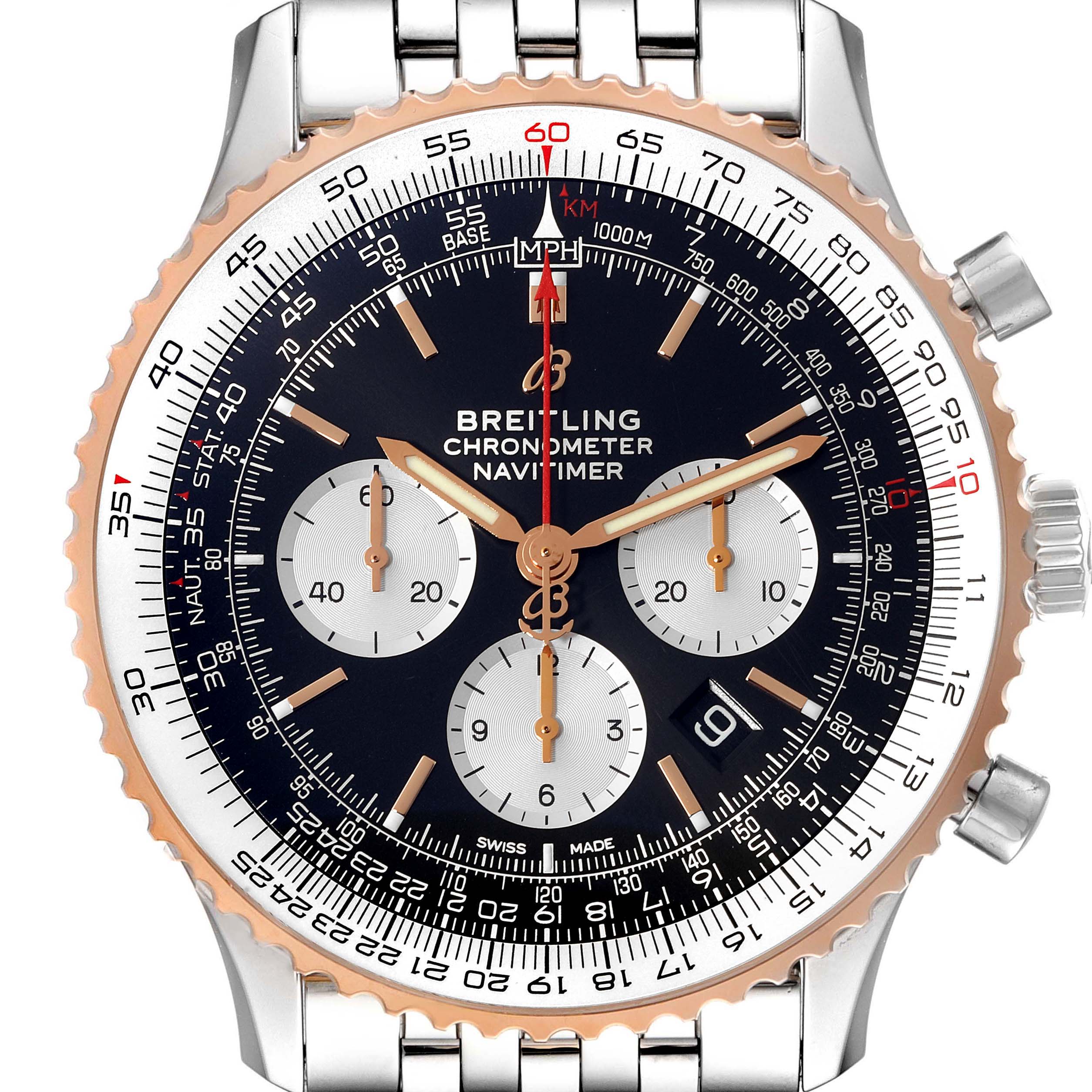 The image shows a close-up front view of a Breitling Navitimer UB0127 Men's Steel and Gold (two tone) Black Dial UB0127 Men's Steel and Gold (two tone) Black Dial watch, highlighting its face, bezel, and part of the bracelet.