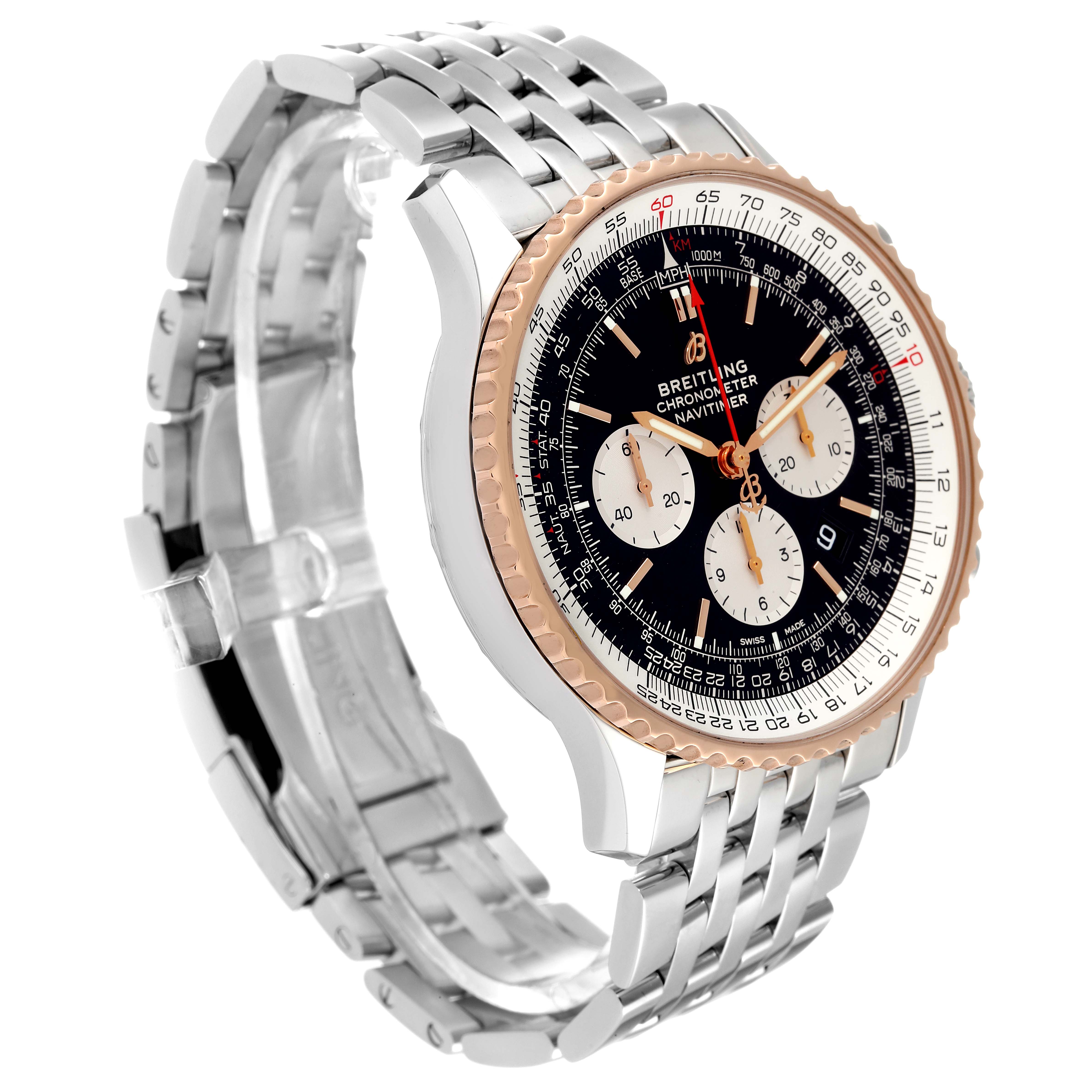 The Breitling Navitimer UB0127 Men's Steel and Gold (two tone) Black Dial UB0127 Men's Steel and Gold (two tone) Black Dial watch is shown at a three-quarter angle, displaying the face, bezel, and metal bracelet.