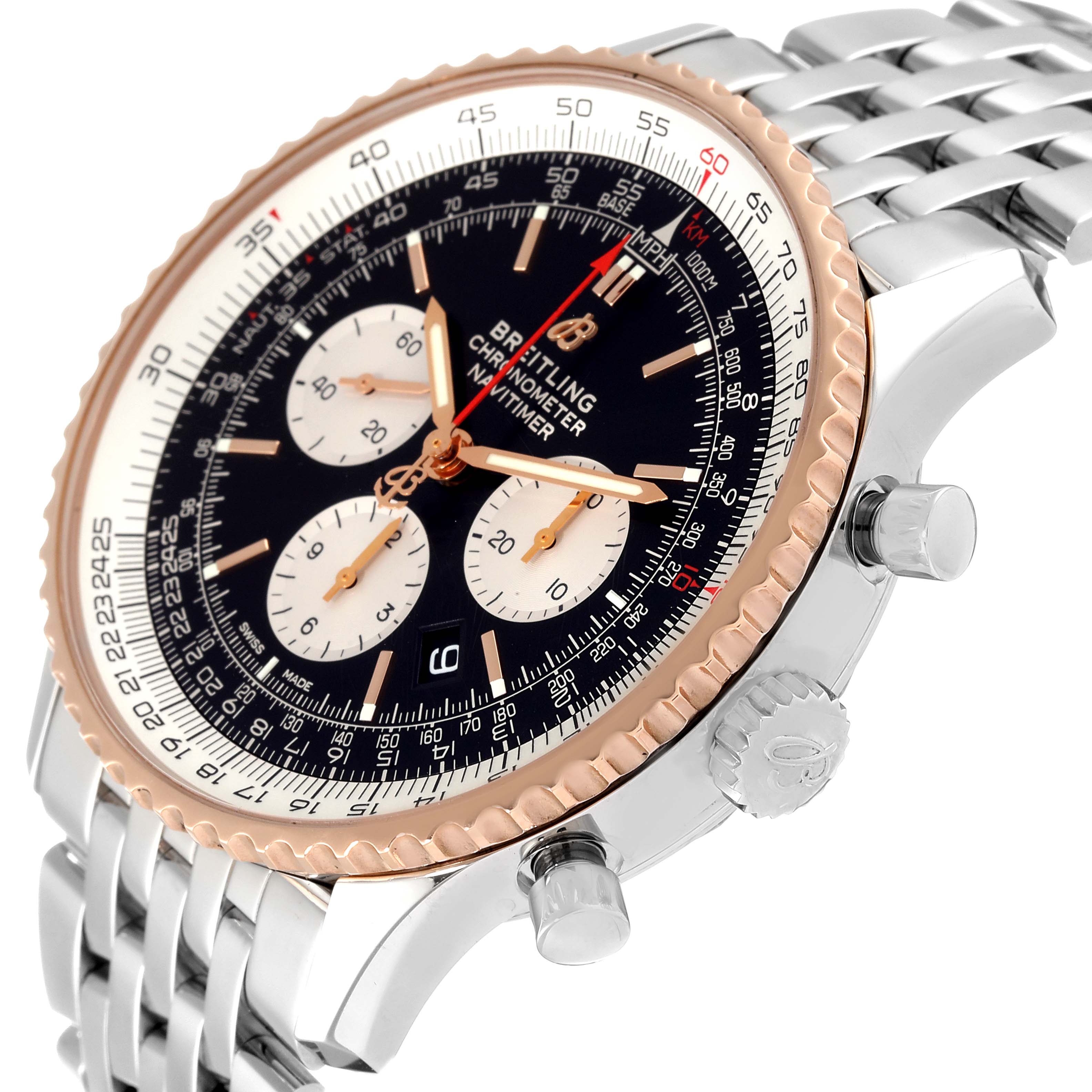 The image shows a Breitling Navitimer UB0127 Men's Steel and Gold (two tone) Black Dial UB0127 Men's Steel and Gold (two tone) Black Dial watch at a slightly angled side view, highlighting the bezel, crown, pushers, and bracelet.