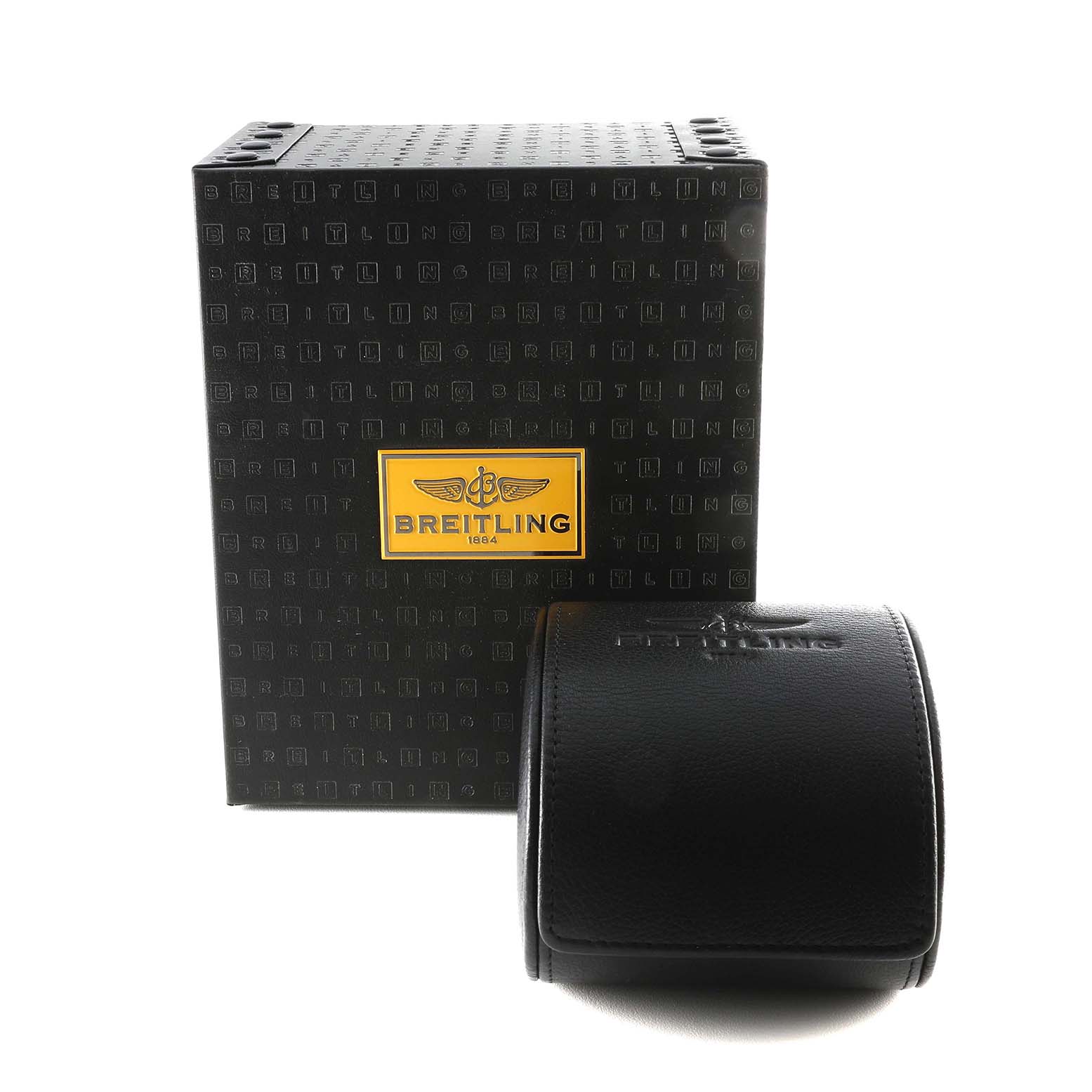 The image shows the packaging box and a black leather case for the Breitling Navitimer AB0121 Men
s Stainless Steel Mother of Pearl Dial AB0121 Men
s Stainless Steel Mother of Pearl Dial watch.