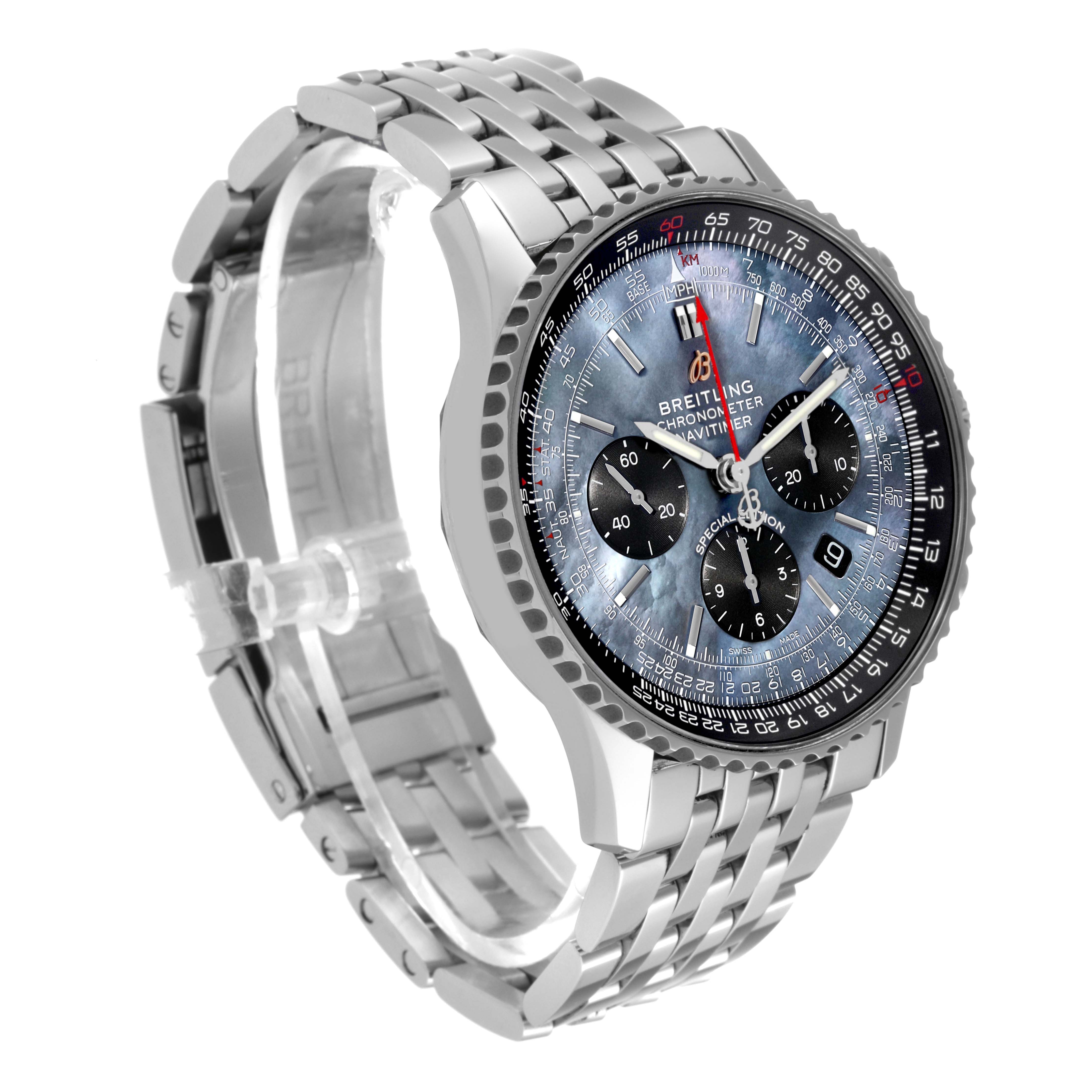 The image shows a Breitling Navitimer AB0121 Men
s Stainless Steel Mother of Pearl Dial AB0121 Men
s Stainless Steel Mother of Pearl Dial watch at a slight angle, displaying the face, bezel, and metallic bracelet.