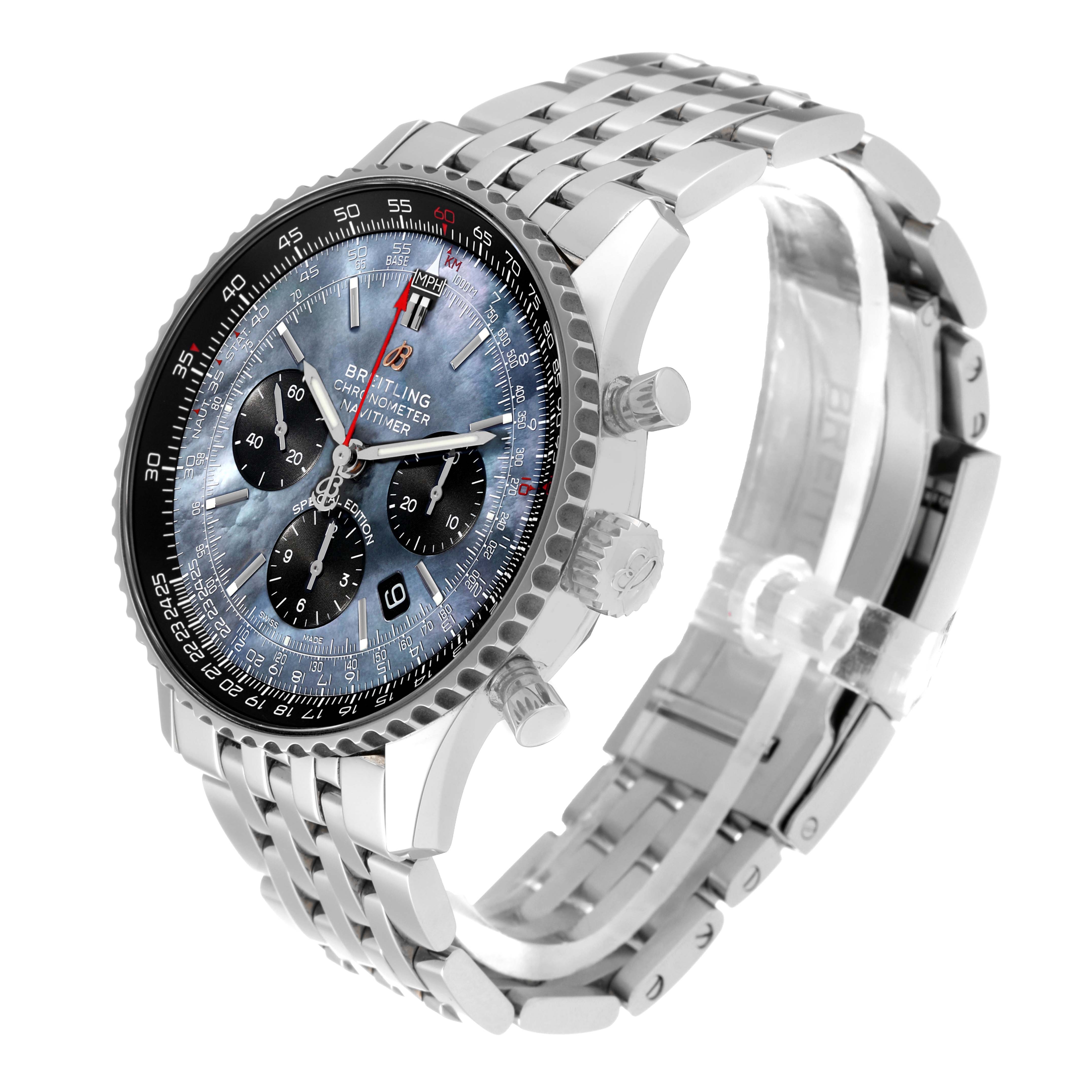The Breitling Navitimer AB0121 Men
s Stainless Steel Mother of Pearl Dial AB0121 Men
s Stainless Steel Mother of Pearl Dial watch is shown at a three-quarter angle, displaying its dial, bezel, crown, pushers, and bracelet.
