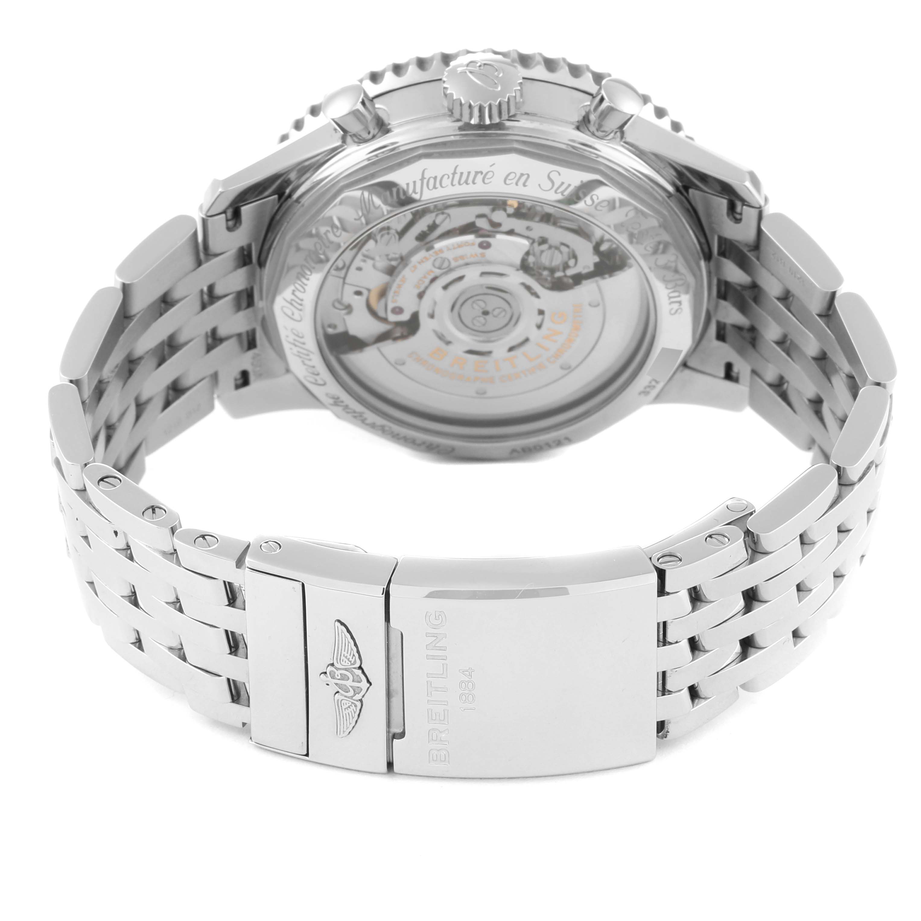 The image shows the back view of a Breitling Navitimer AB0121 Men
s Stainless Steel Mother of Pearl Dial AB0121 Men
s Stainless Steel Mother of Pearl Dial watch, highlighting the bracelet and the transparent case back.