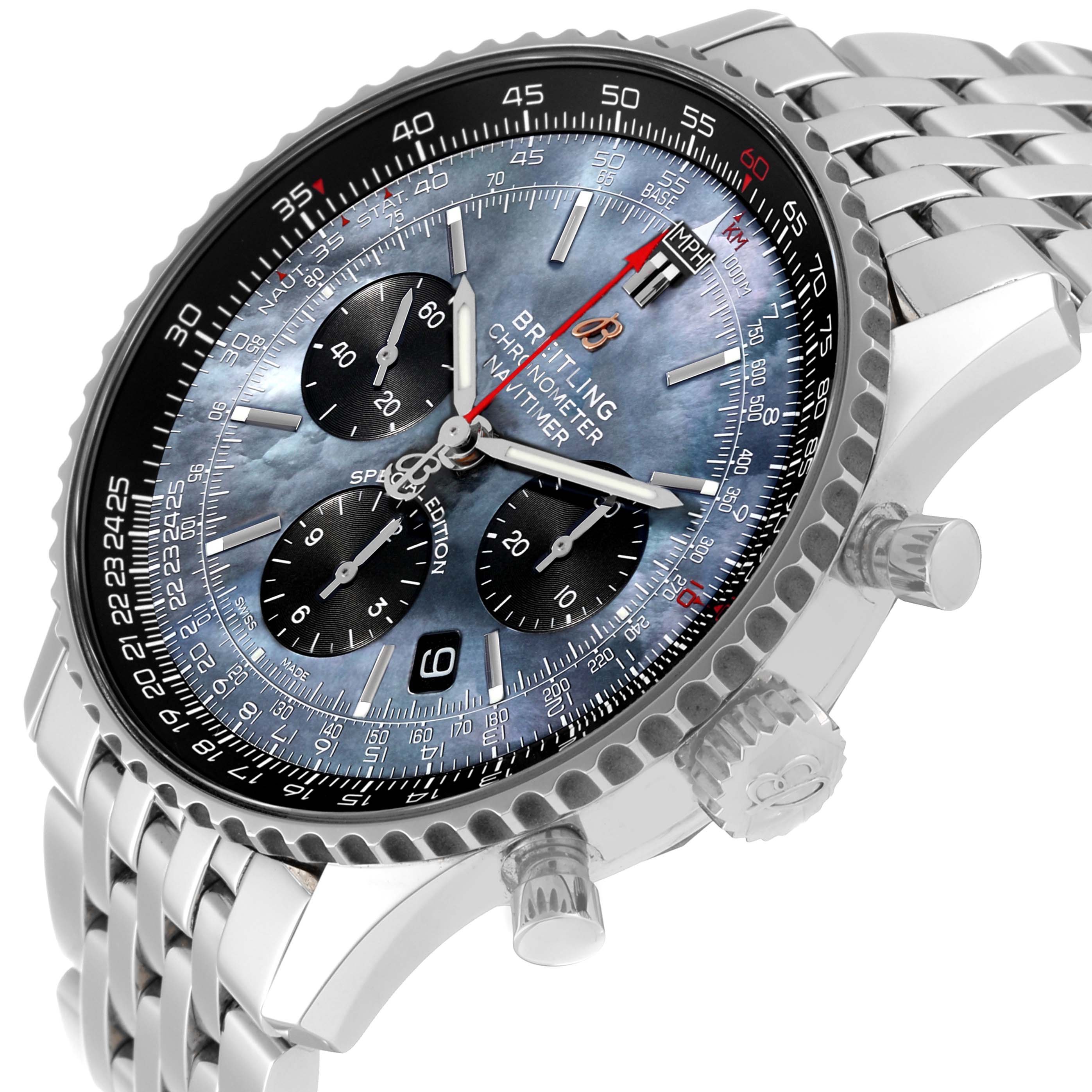 This image shows a close-up angle of a Breitling Navitimer AB0121 Men
s Stainless Steel Mother of Pearl Dial AB0121 Men
s Stainless Steel Mother of Pearl Dial watch, highlighting the face, chronograph dials, and stainless steel bracelet.