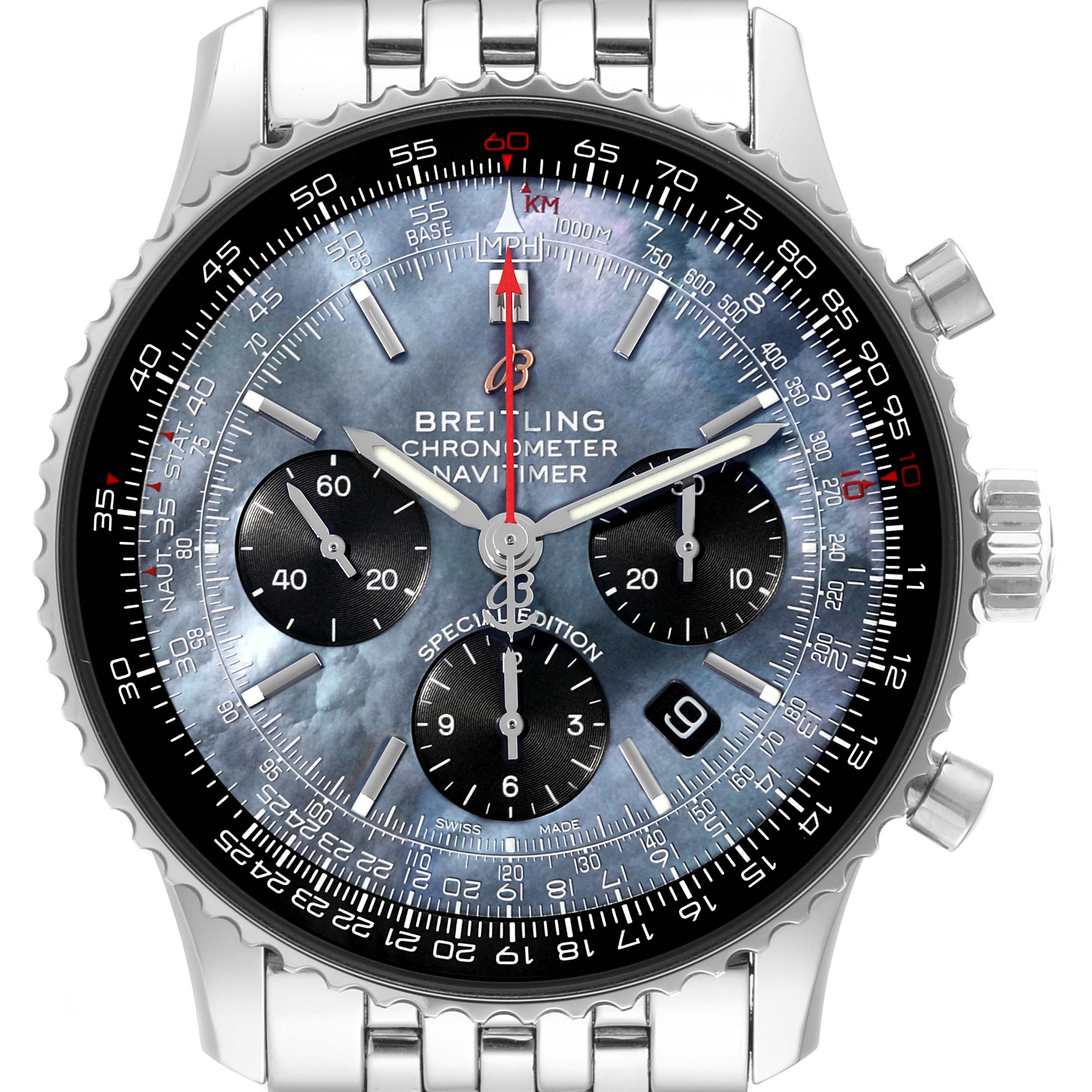 This image shows a close-up, front view of a Breitling Navitimer AB0121 Men
s Stainless Steel Mother of Pearl Dial AB0121 Men
s Stainless Steel Mother of Pearl Dial watch, highlighting the dial, chronographs, and bracelet.