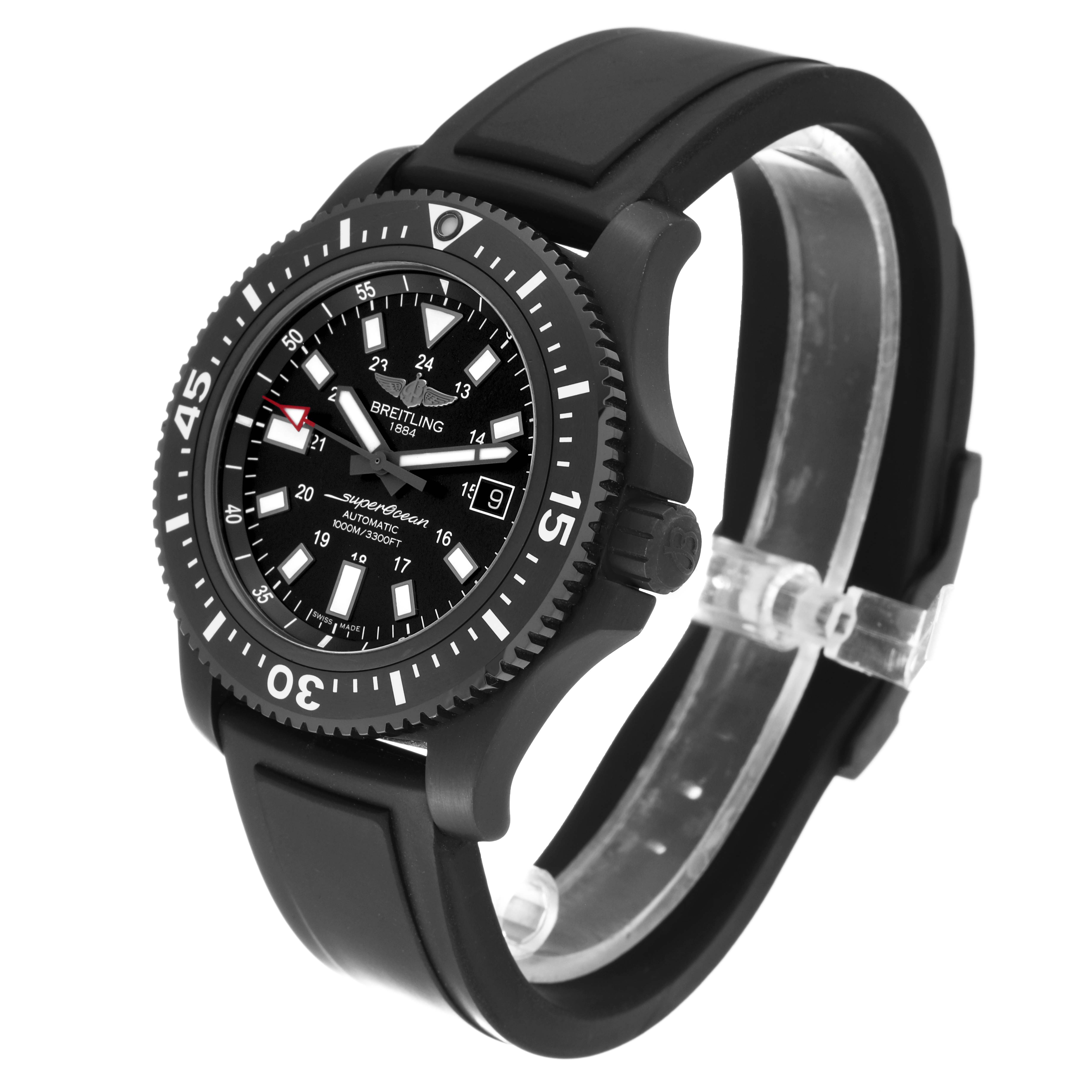 The image shows a Breitling Superocean M17393 Men's Stainless Steel Black Dial M17393 Men's Stainless Steel Black Dial watch from a front-left angle, highlighting the black band, bezel, and dial.