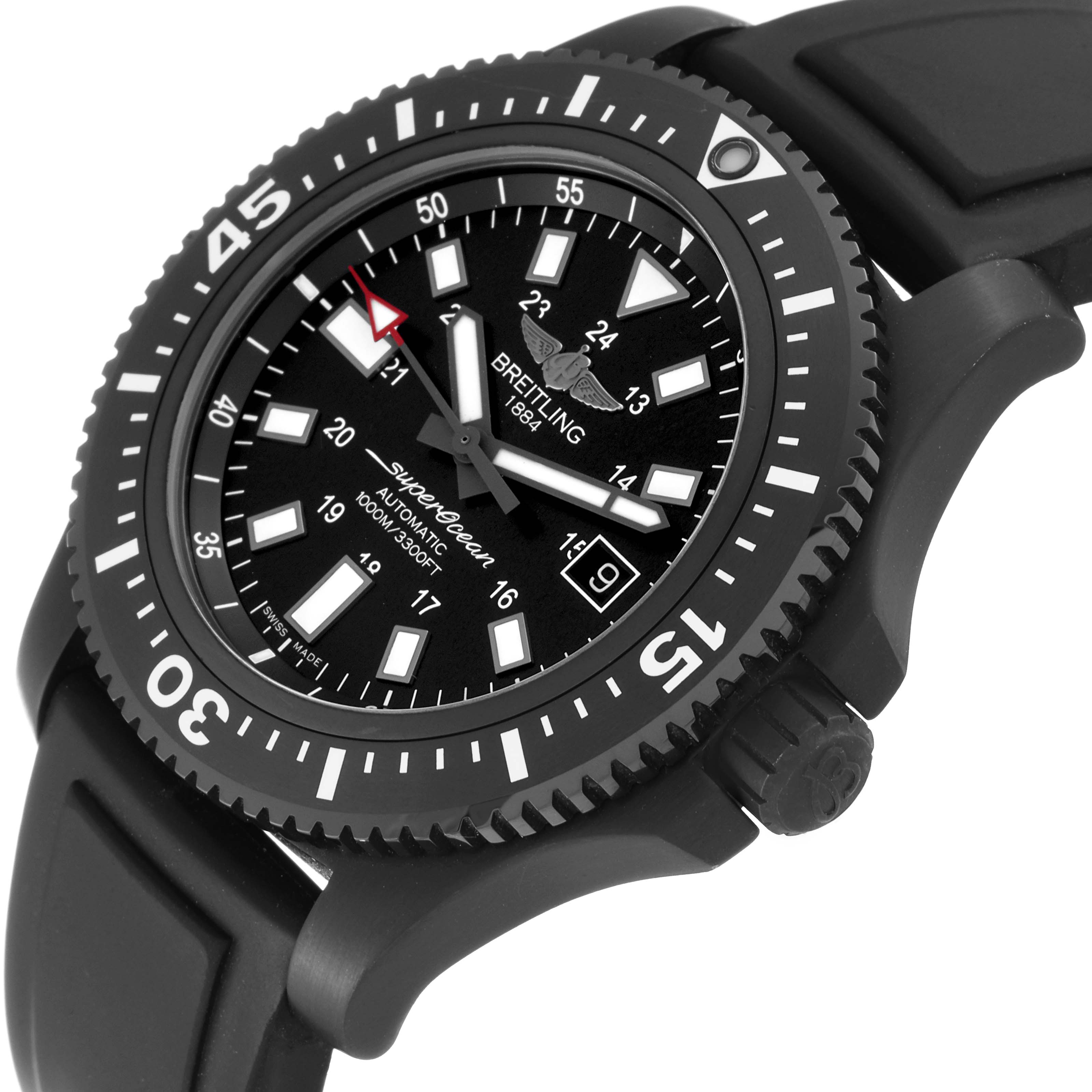 The image shows a close-up, angled view of the dial, bezel, and rubber strap of the Breitling Superocean M17393 Men's Stainless Steel Black Dial M17393 Men's Stainless Steel Black Dial watch.