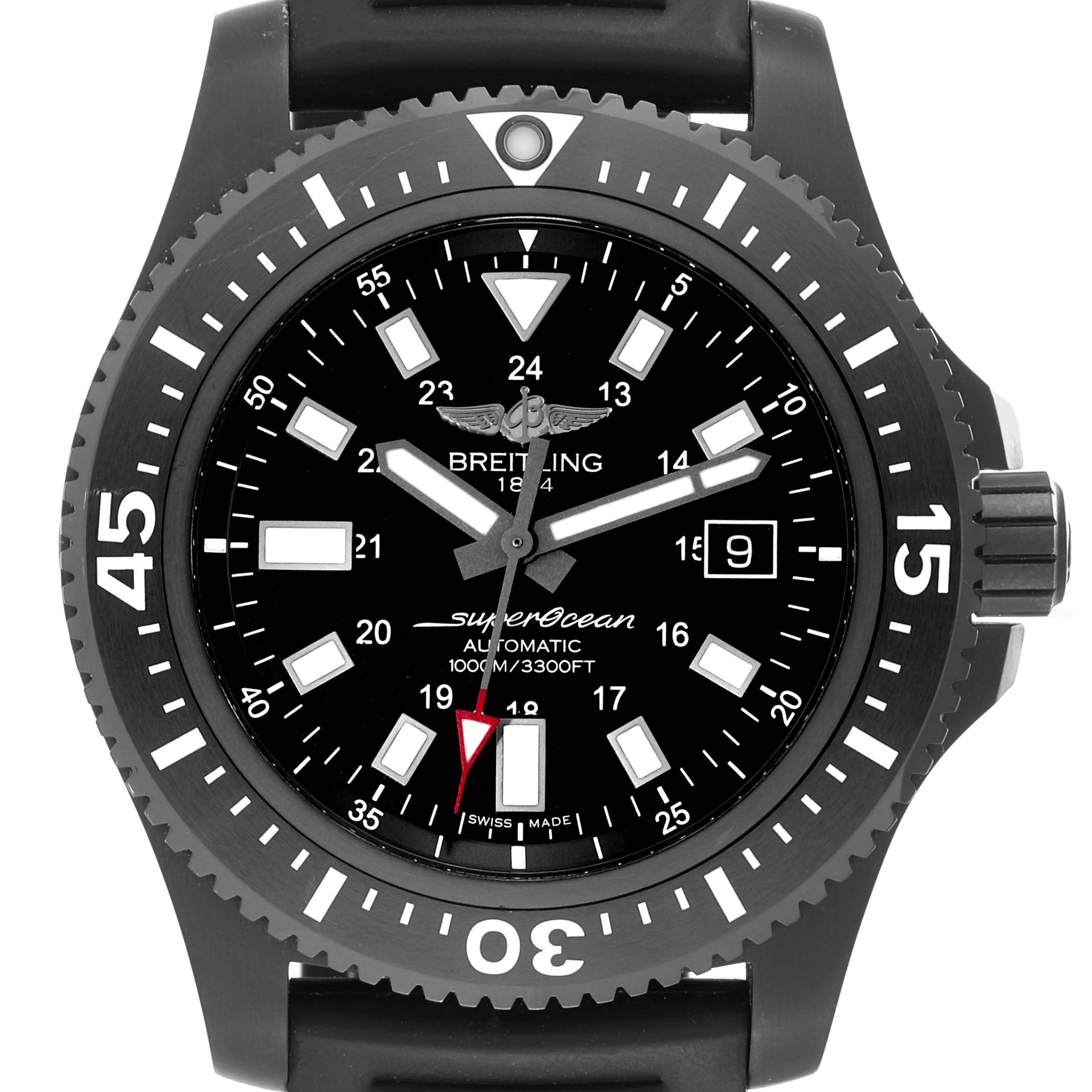 This is a straight-on view of the Breitling Superocean M17393 Men's Stainless Steel Black Dial M17393 Men's Stainless Steel Black Dial watch, showing the dial, bezel, crown, and rubber strap.