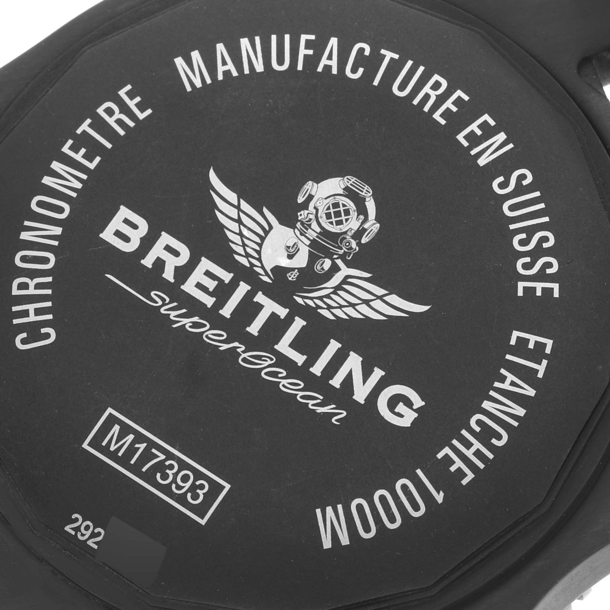 The image shows the back case of a Breitling Superocean M17393 Men's Stainless Steel Black Dial M17393 Men's Stainless Steel Black Dial watch with branding and model information engraved.