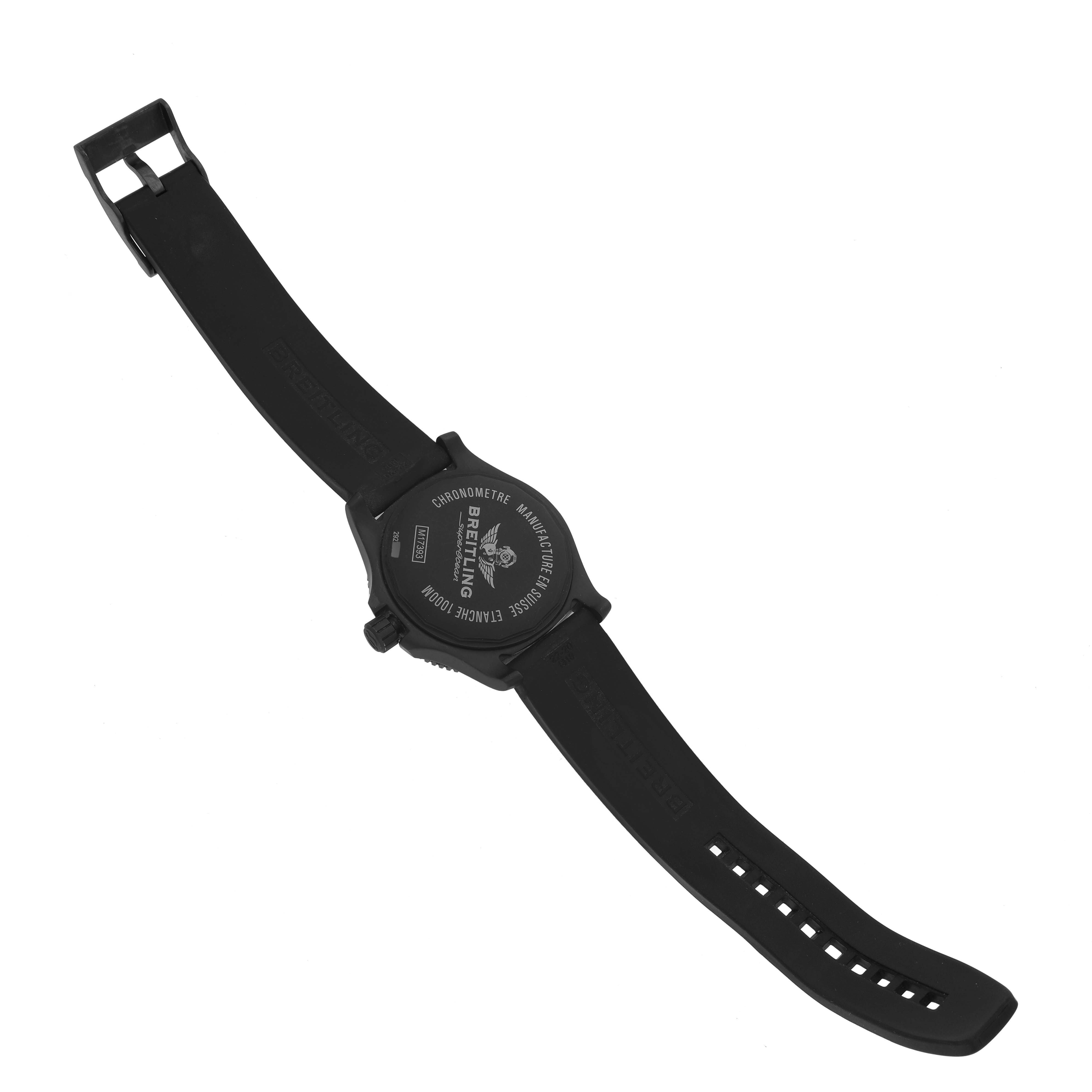 The image shows the back view of a Breitling Superocean M17393 Men's Stainless Steel Black Dial M17393 Men's Stainless Steel Black Dial watch with an open black rubber strap.