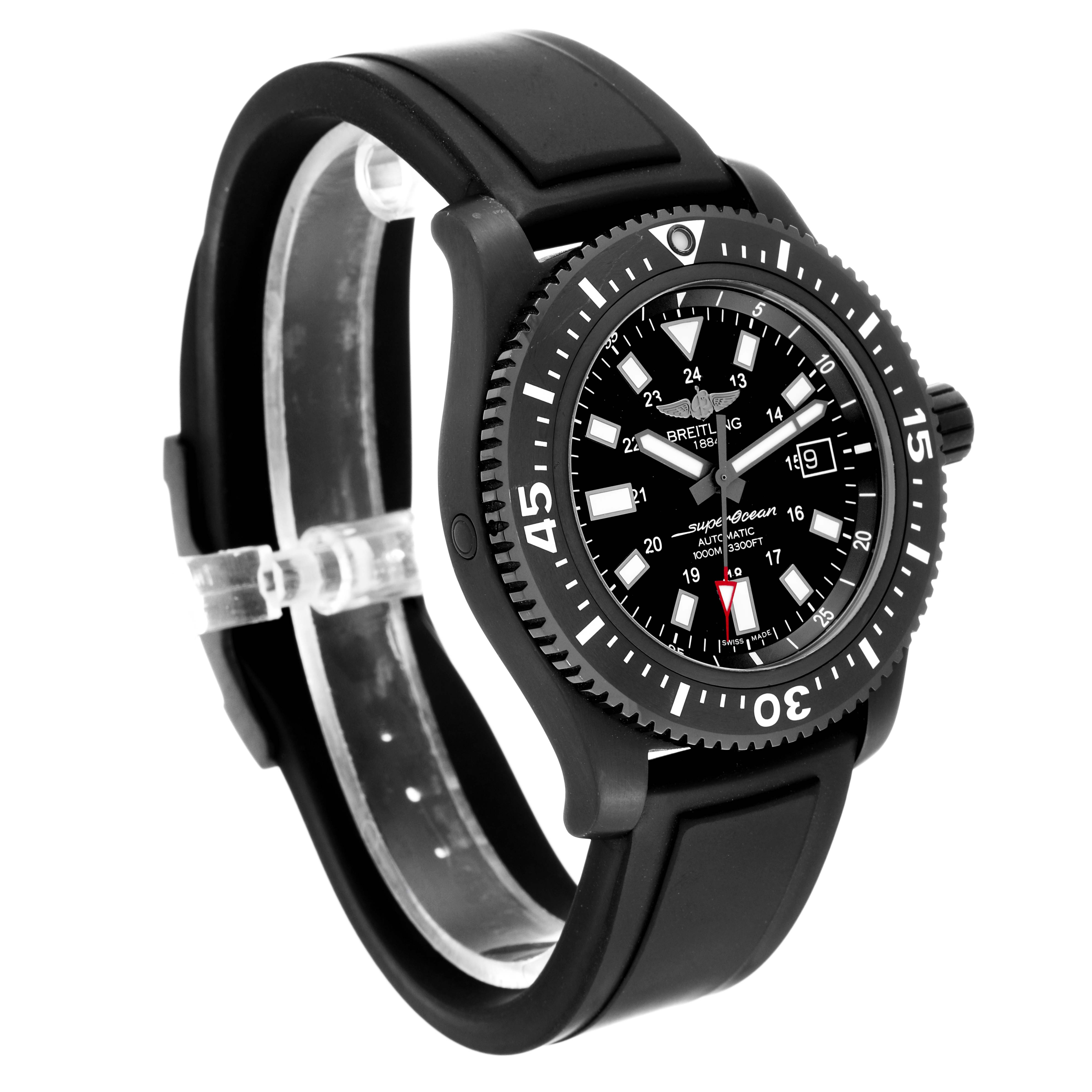 The Breitling Superocean M17393 Men's Stainless Steel Black Dial M17393 Men's Stainless Steel Black Dial watch is shown from a front-left angle, displaying its bezel, dial, and black rubber strap.