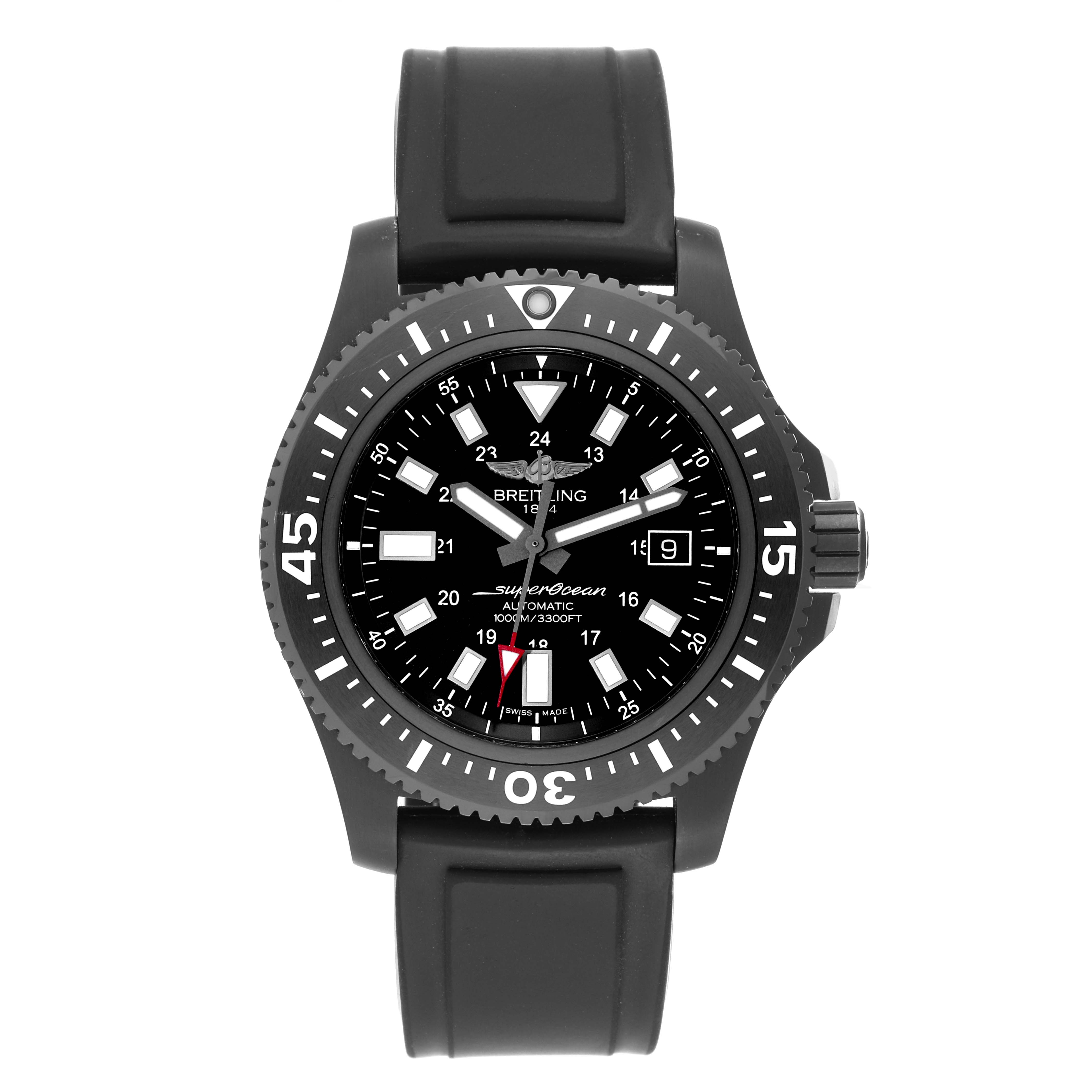 The image shows a front view of the Breitling Superocean M17393 Men's Stainless Steel Black Dial M17393 Men's Stainless Steel Black Dial watch, highlighting its black dial, bezel, and strap.