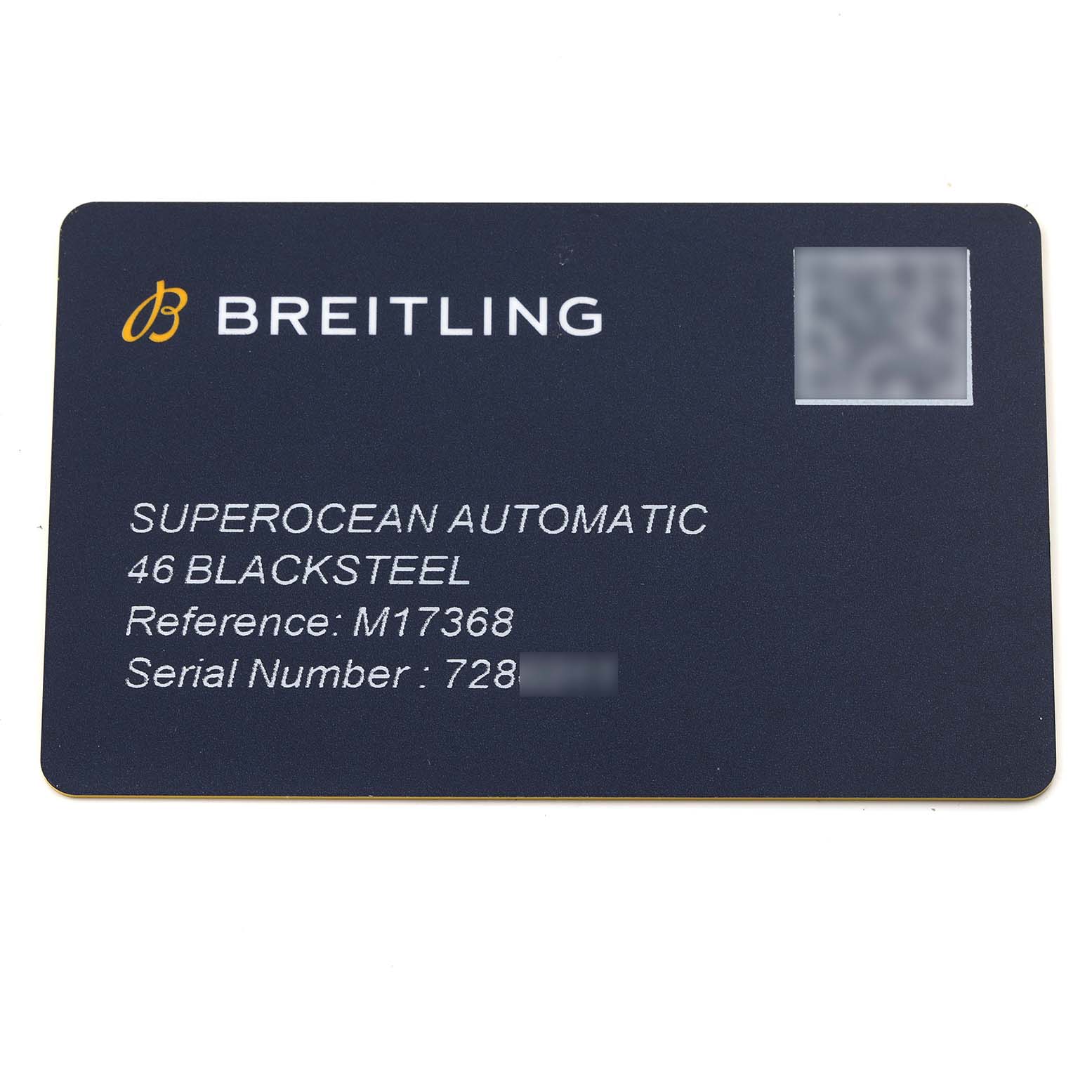 The image shows a warranty card for the Breitling Superocean M17368 Men's Stainless Steel Black Dial M17368 Men's Stainless Steel Black Dial model.
