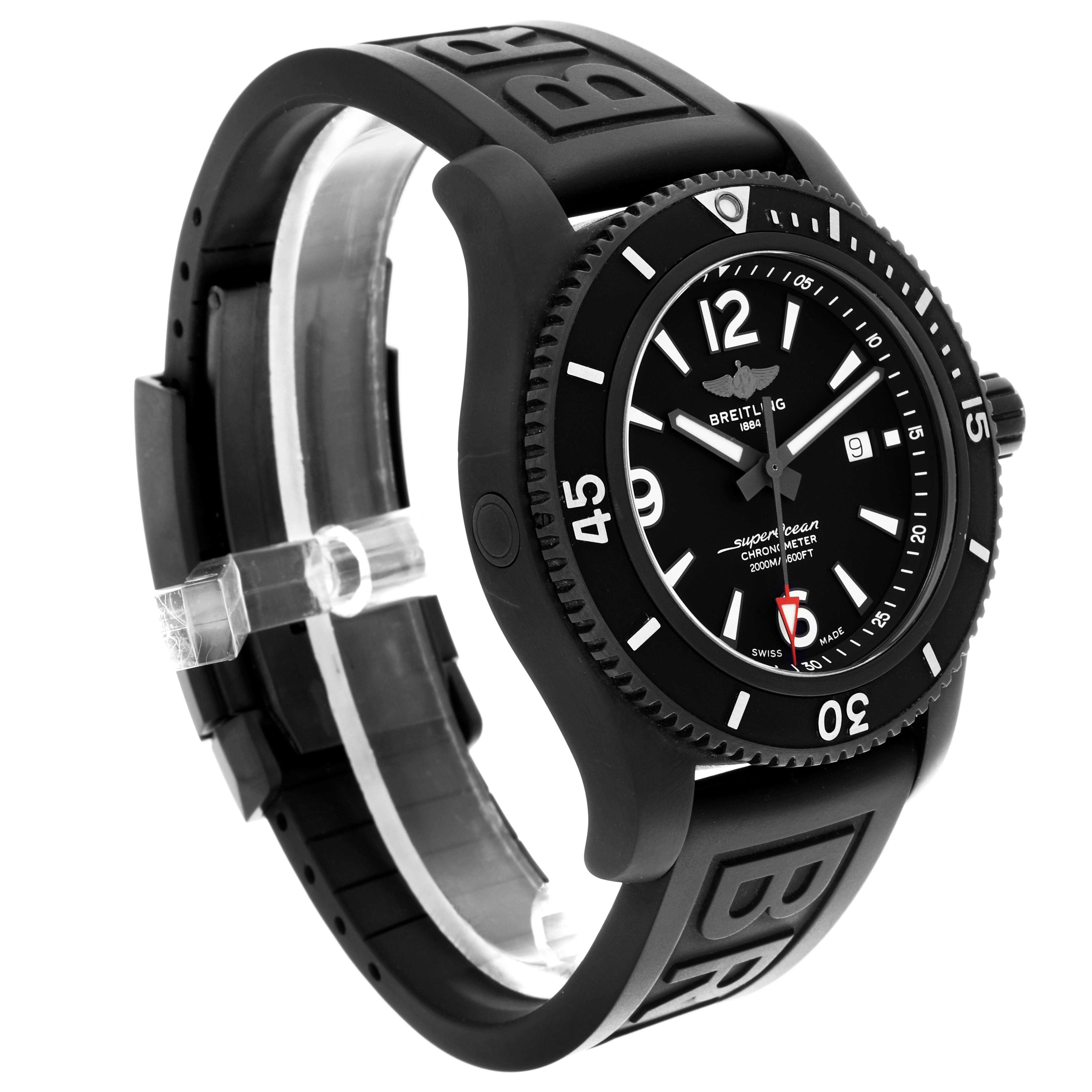 The Breitling Superocean M17368 Men's Stainless Steel Black Dial M17368 Men's Stainless Steel Black Dial watch is shown at an angled side view, highlighting the bezel, dial, and rubber strap.