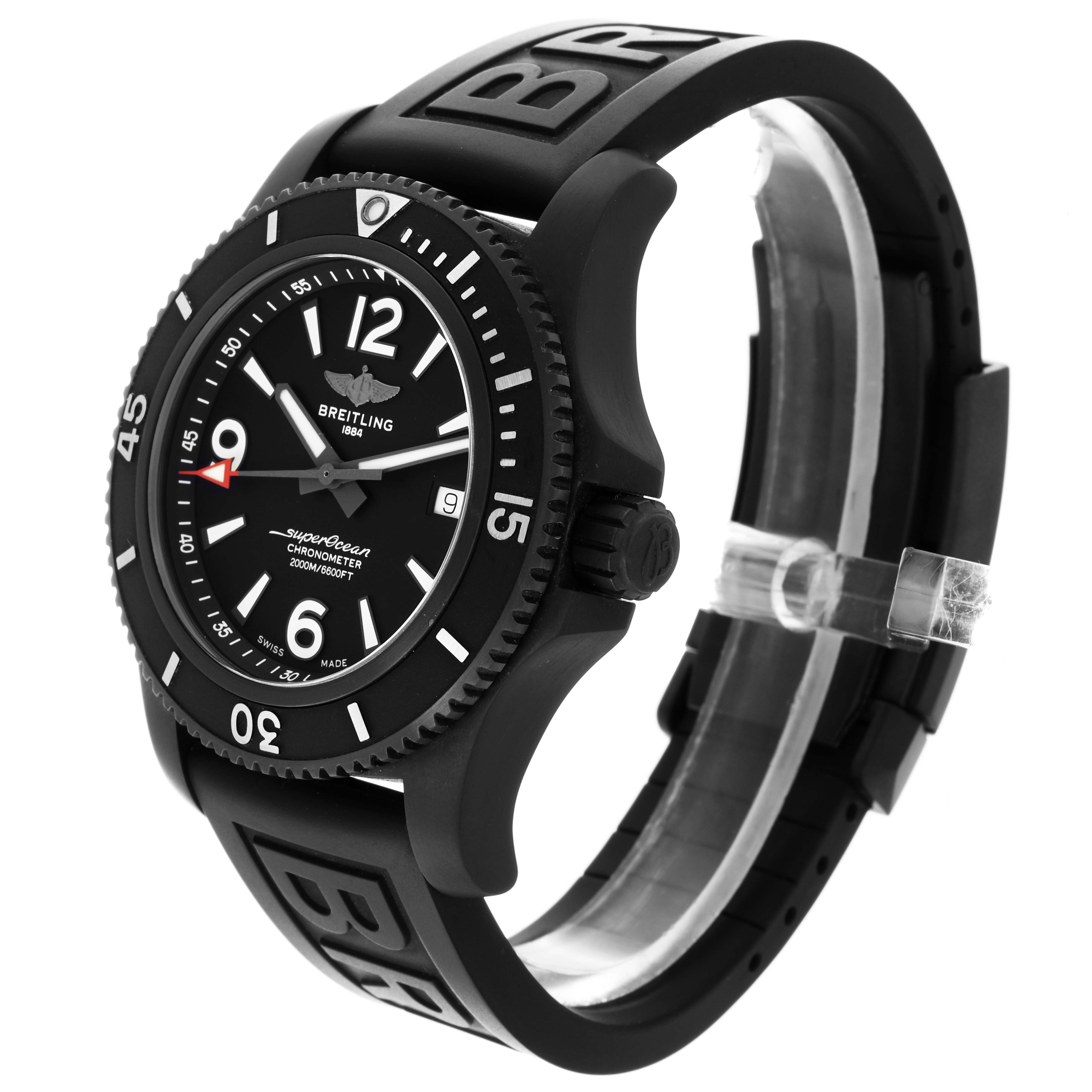 The Breitling Superocean M17368 Men's Stainless Steel Black Dial M17368 Men's Stainless Steel Black Dial watch is shown at a three-quarter angle, displaying the face, bezel, crown, and rubber strap.