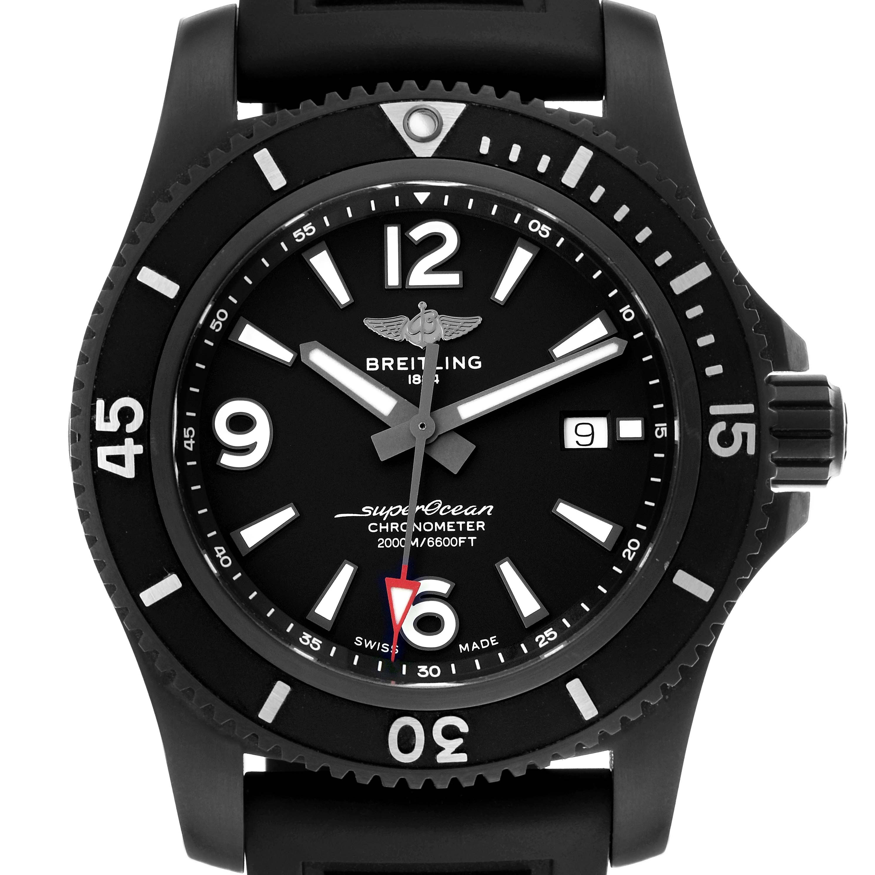 The Breitling Superocean M17368 Men's Stainless Steel Black Dial M17368 Men's Stainless Steel Black Dial watch is shown from the front, highlighting the dial, bezel, and crown.