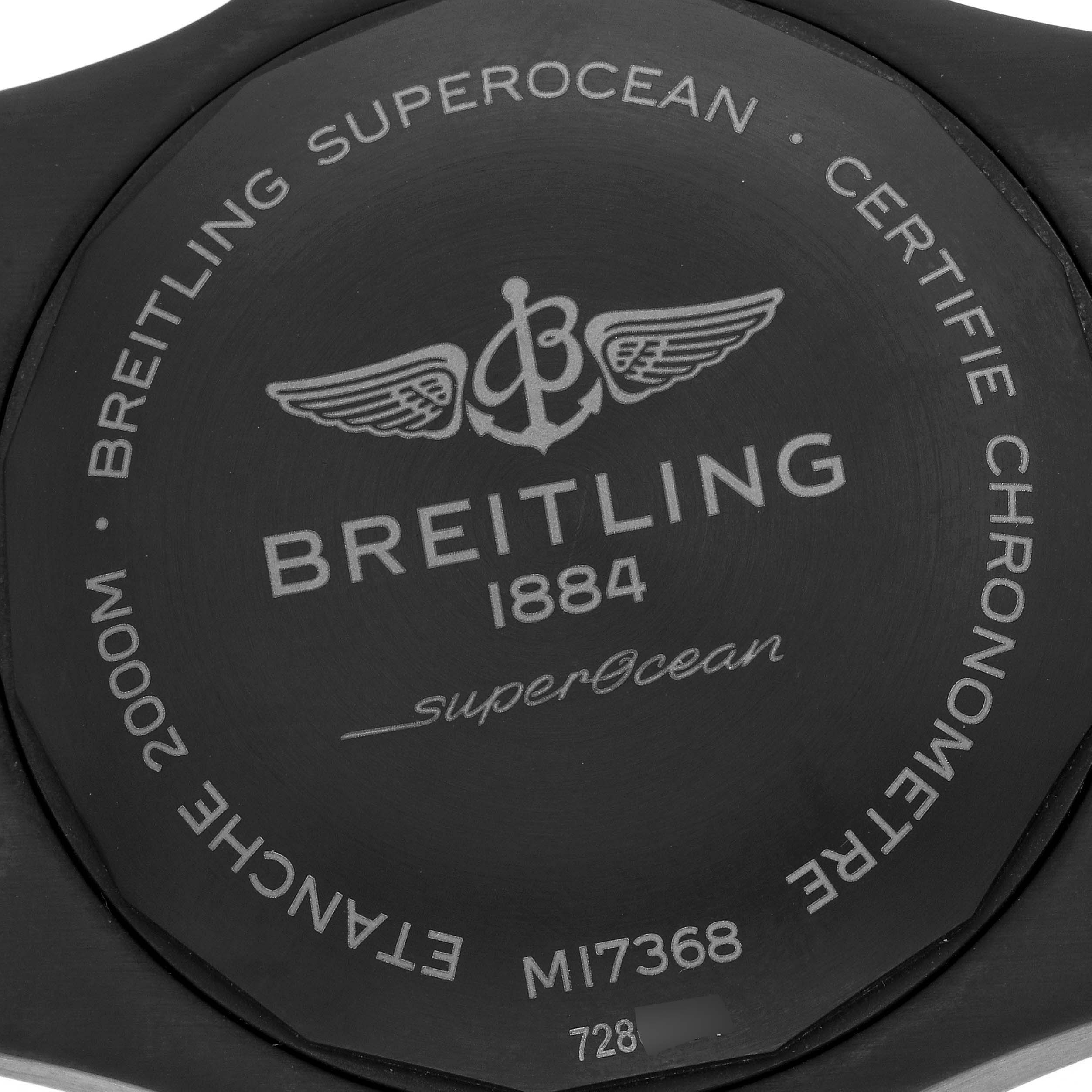 The image shows the case back of a Breitling Superocean M17368 Men's Stainless Steel Black Dial M17368 Men's Stainless Steel Black Dial watch, featuring branding and specifications.