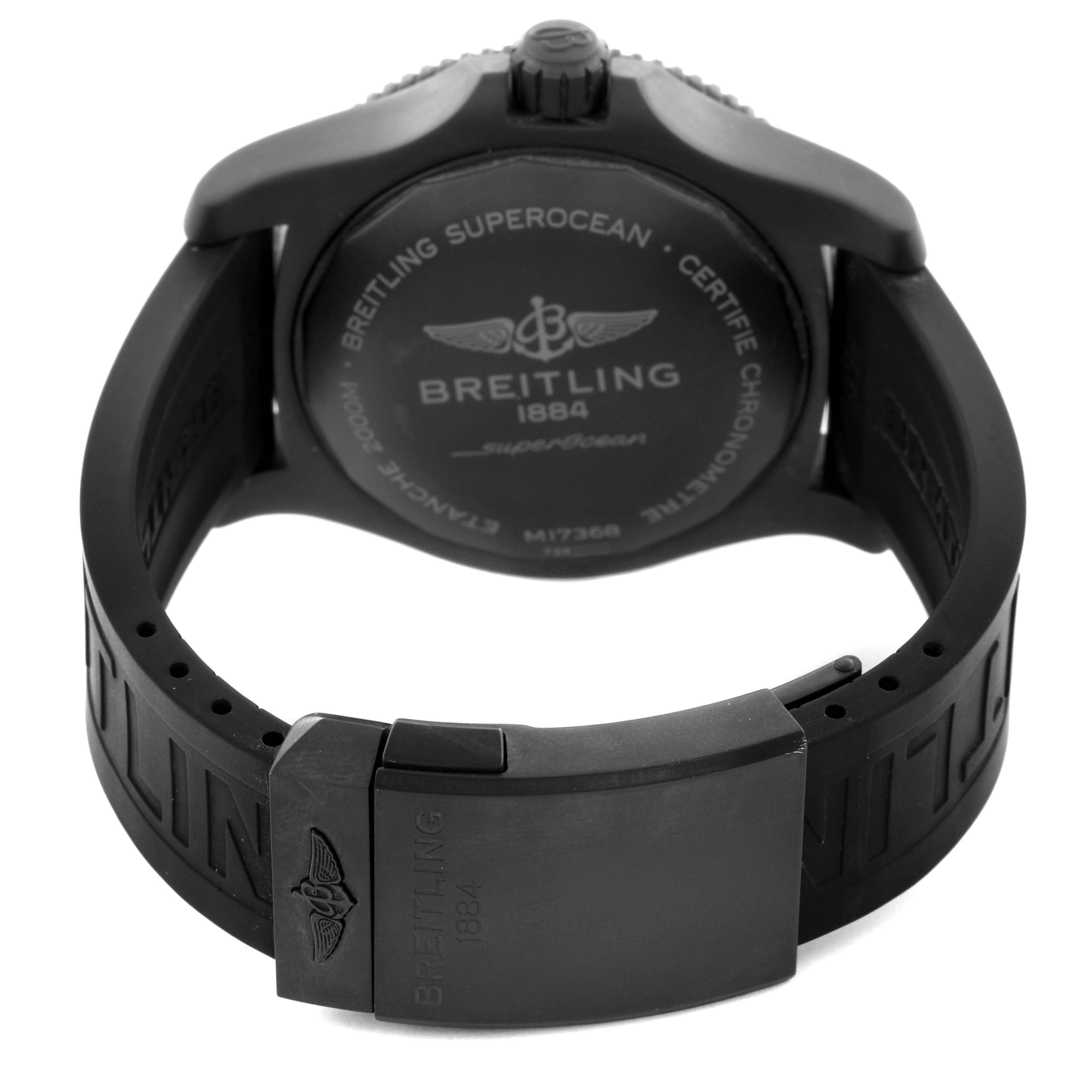 The image shows the back angle of the Breitling Superocean M17368 Men's Stainless Steel Black Dial M17368 Men's Stainless Steel Black Dial watch, highlighting the case back and rubber strap with clasp.