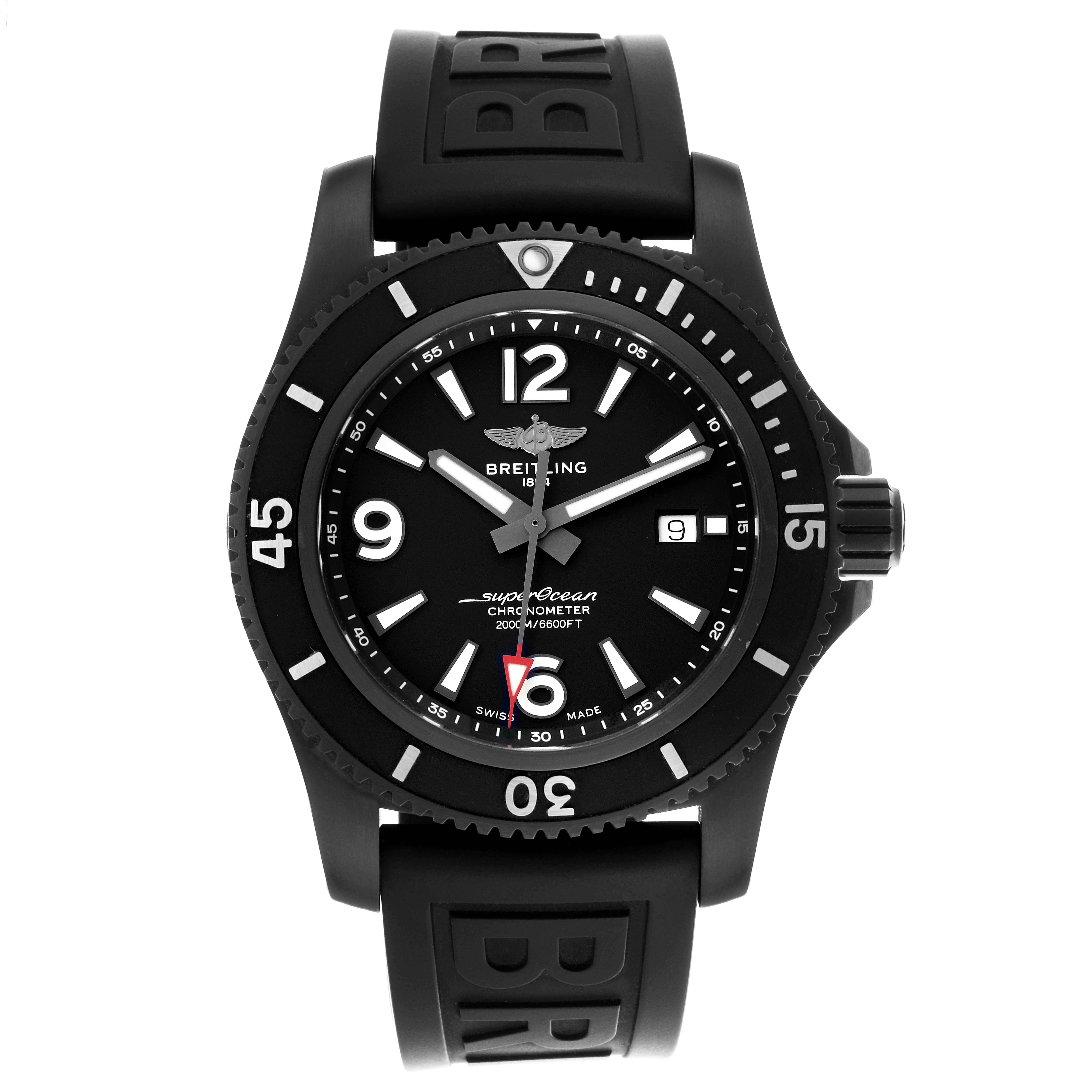 The Breitling Superocean M17368 Men's Stainless Steel Black Dial M17368 Men's Stainless Steel Black Dial watch is shown from a front view, featuring the bezel, dial, and rubber strap.