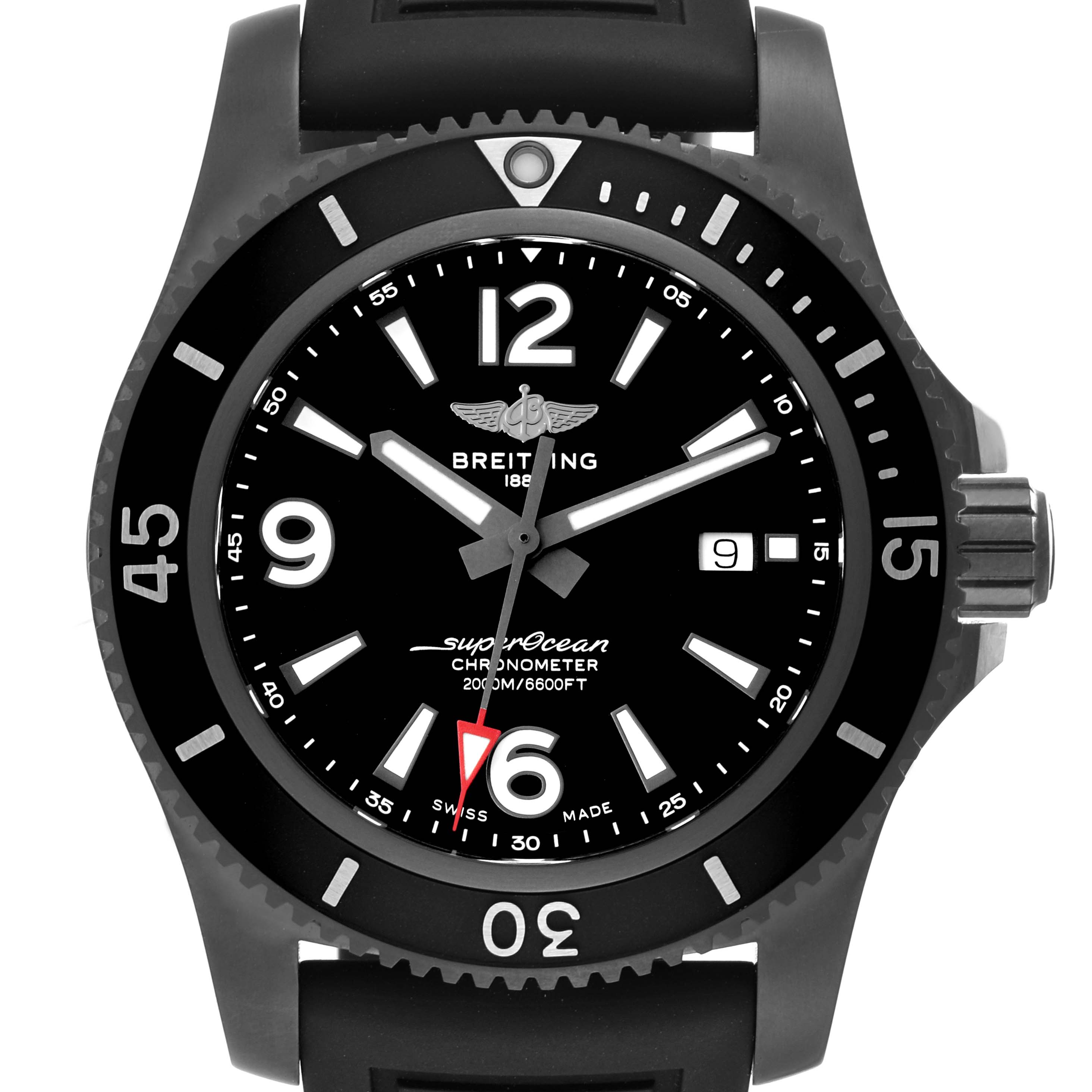 The image shows a front view of the Breitling Superocean M17368B71B1S2 Men's Stainless Steel Black Dial M17368B71B1S2 Men's Stainless Steel Black Dial watch, featuring a black dial, bezel, and rubber strap.