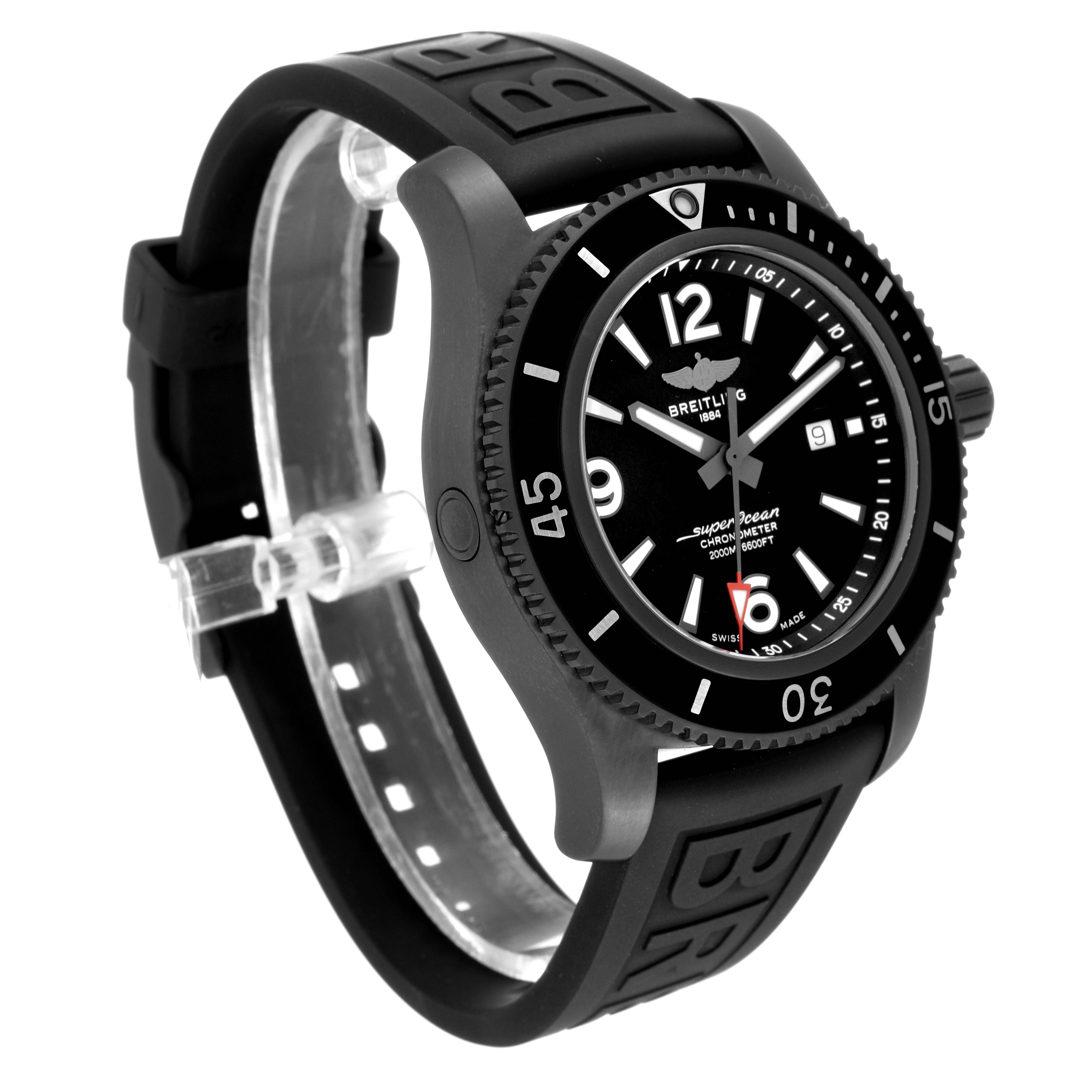 The Breitling Superocean M17368B71B1S2 Men's Stainless Steel Black Dial M17368B71B1S2 Men's Stainless Steel Black Dial watch is angled to show the face, bezel, crown, and part of the rubber strap.