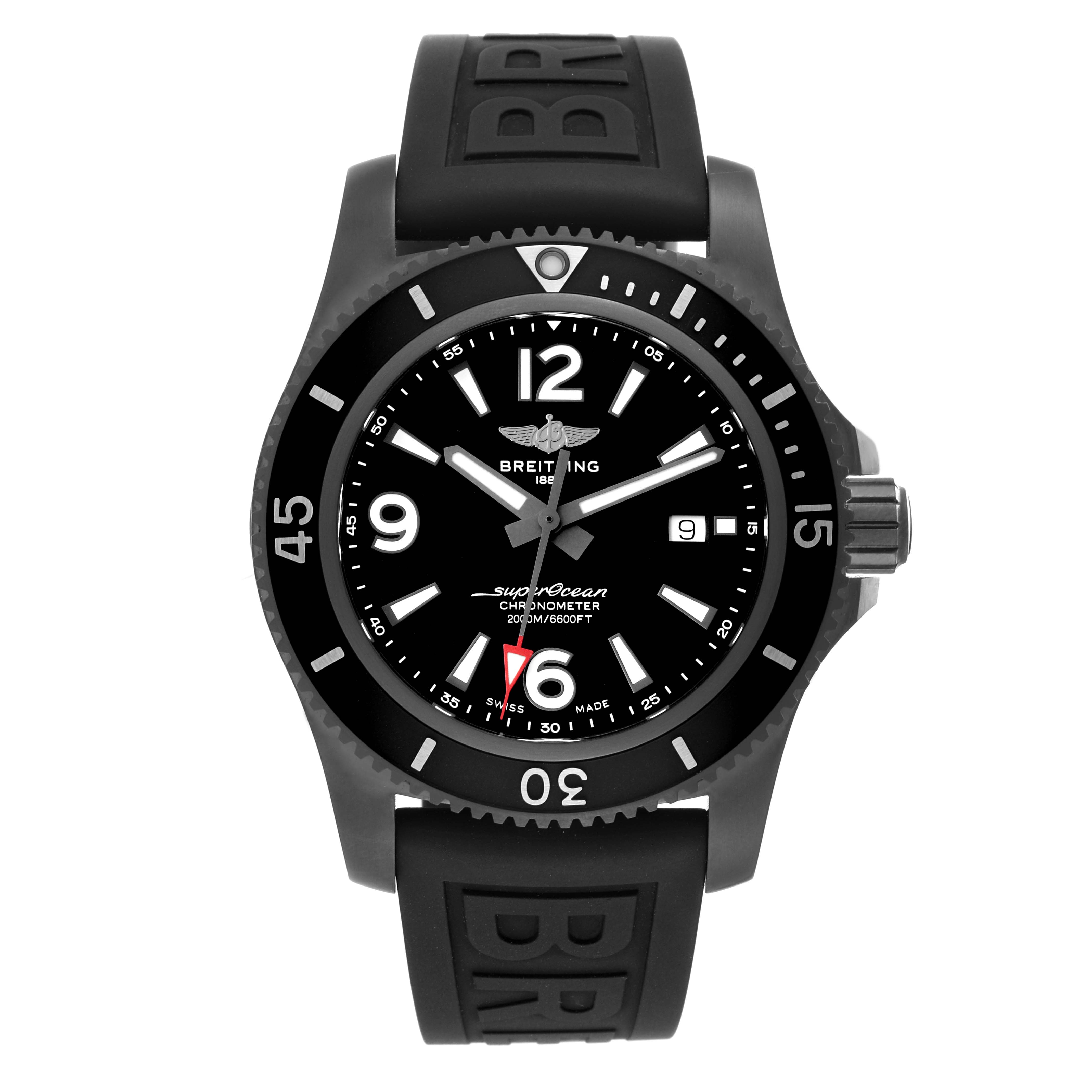 The image shows a front view of the Breitling Superocean M17368B71B1S2 Men's Stainless Steel Black Dial M17368B71B1S2 Men's Stainless Steel Black Dial watch with a black strap and dial, and a date window at 3 o'clock.