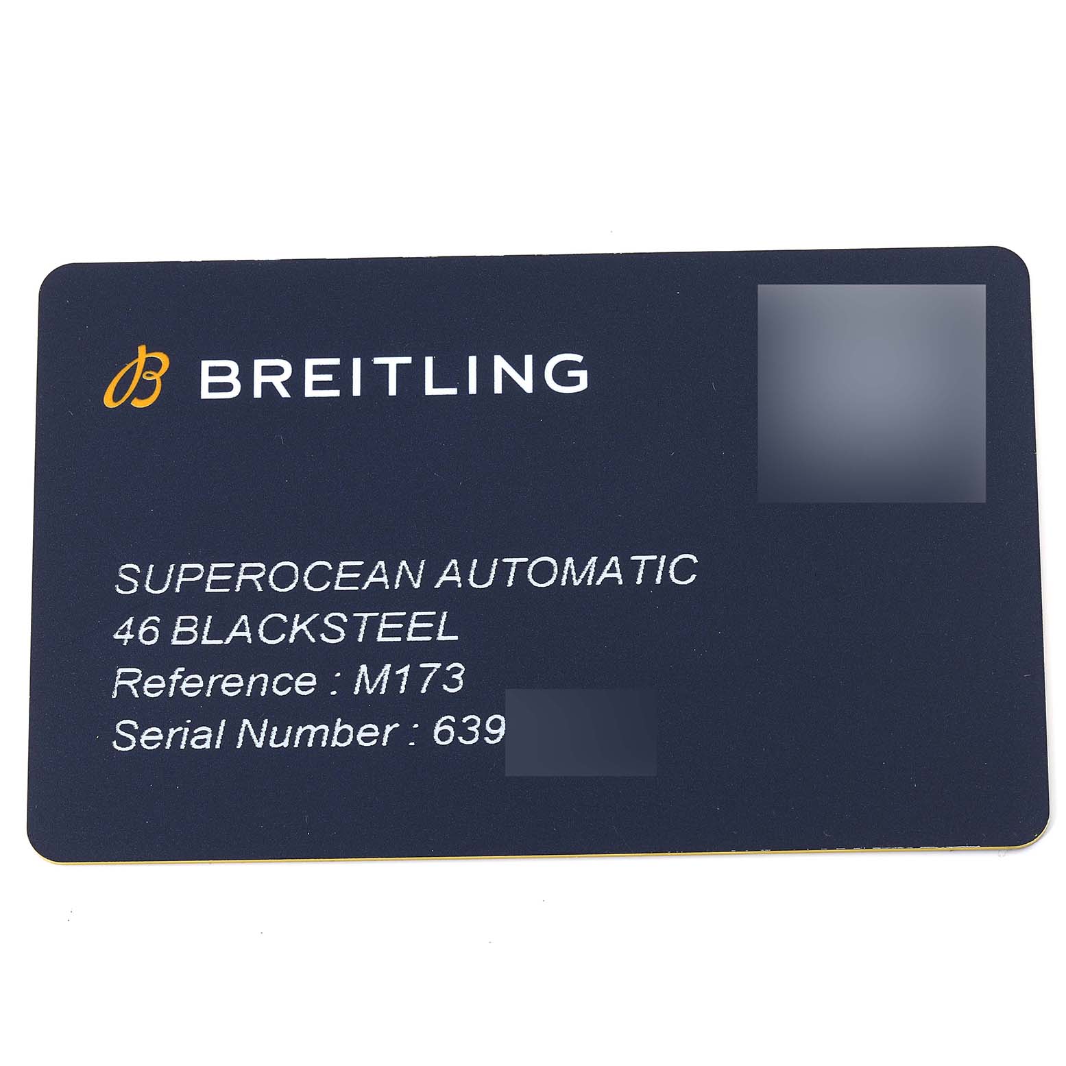 The image shows a warranty card for a Breitling Superocean M17368B71B1S2 Men's Stainless Steel Black Dial M17368B71B1S2 Men's Stainless Steel Black Dial Automatic 46 Blacksteel.