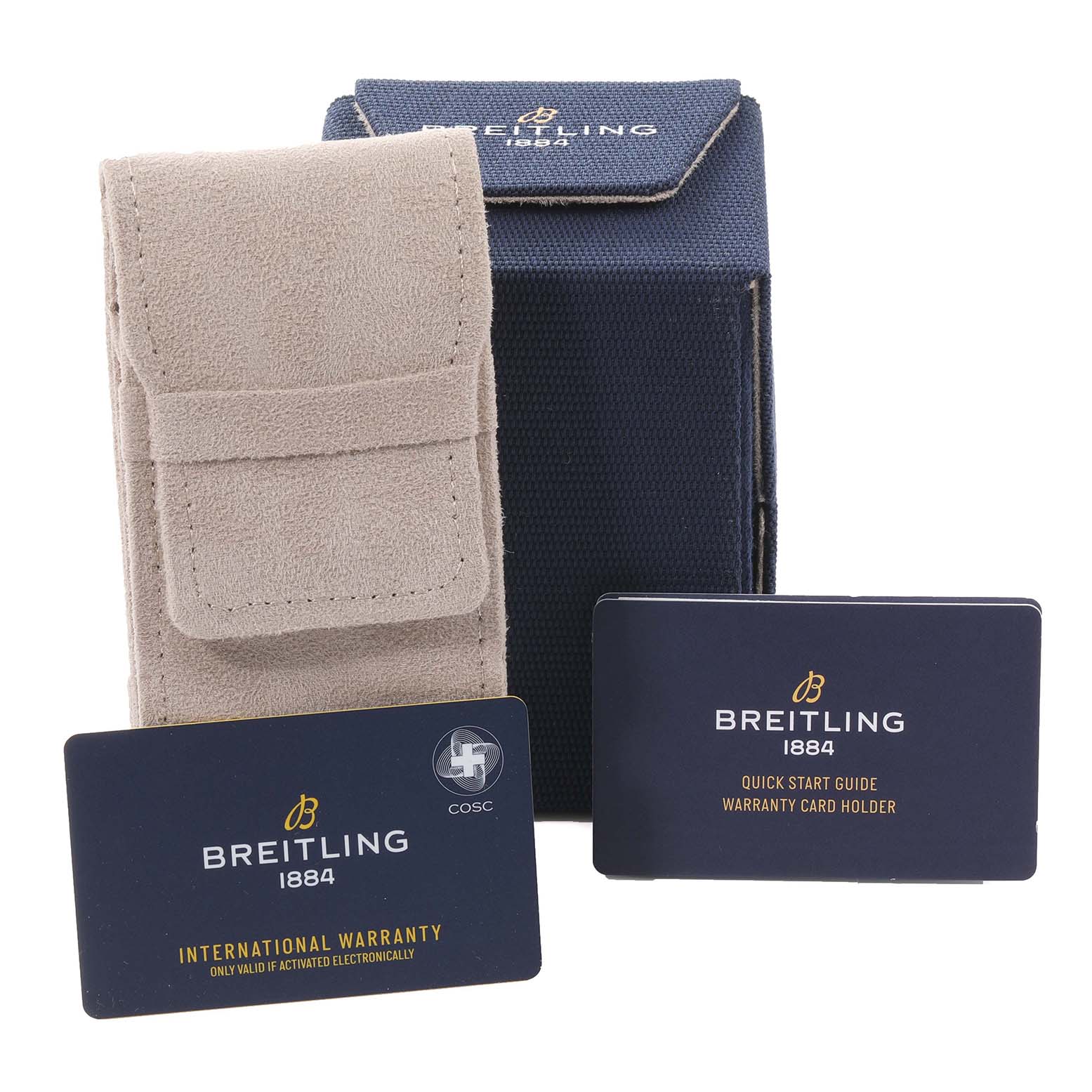 The image shows the warranty cards, card holder, and travel case for a Breitling Superocean M17368B71B1S2 Men's Stainless Steel Black Dial M17368B71B1S2 Men's Stainless Steel Black Dial watch, viewed from the front angle.