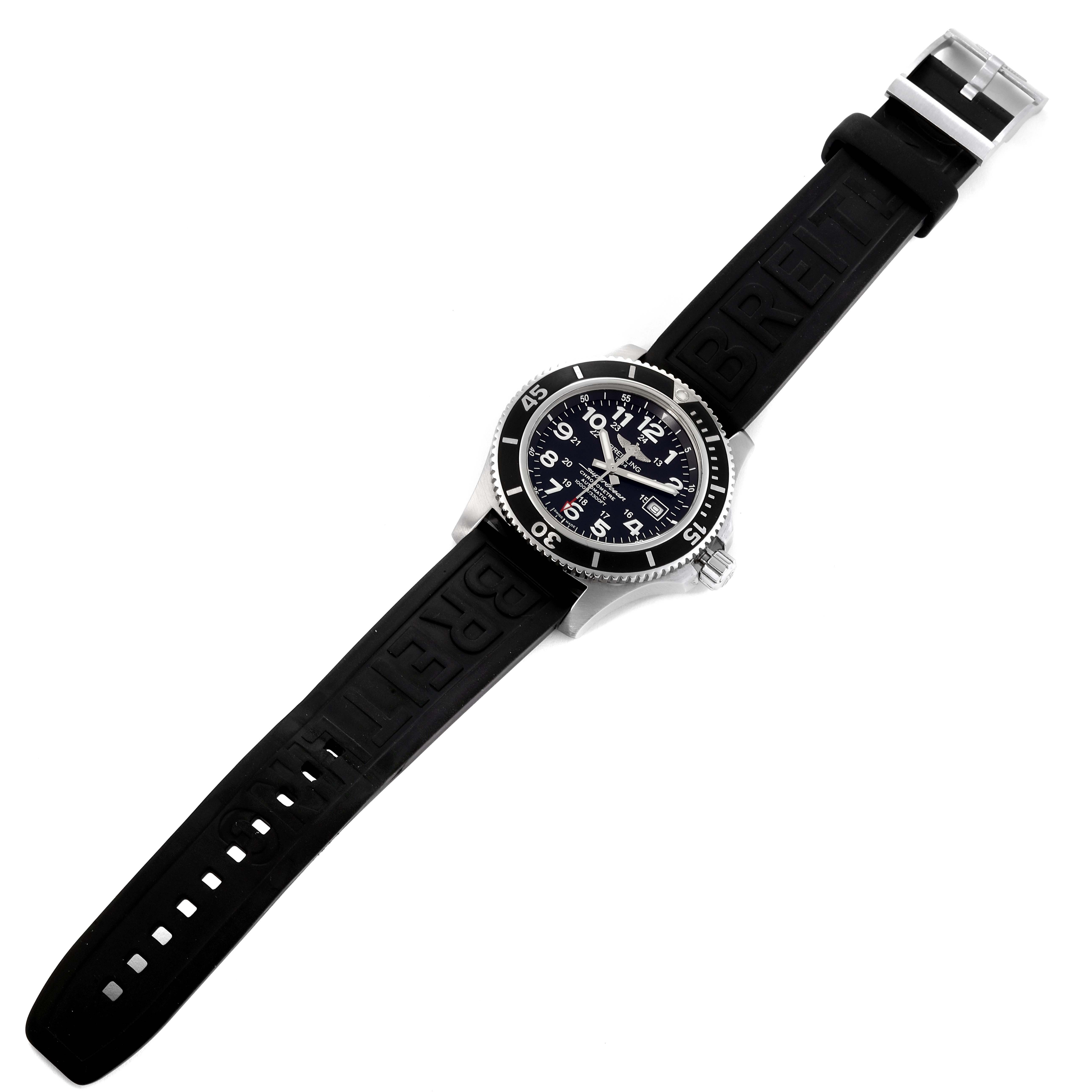 The image shows a top view of a Breitling Superocean A17392D7/BD68 Men's Stainless Steel Black Dial A17392D7/BD68 Men's Stainless Steel Black Dial watch, displaying its black dial, bezel, and black rubber strap.