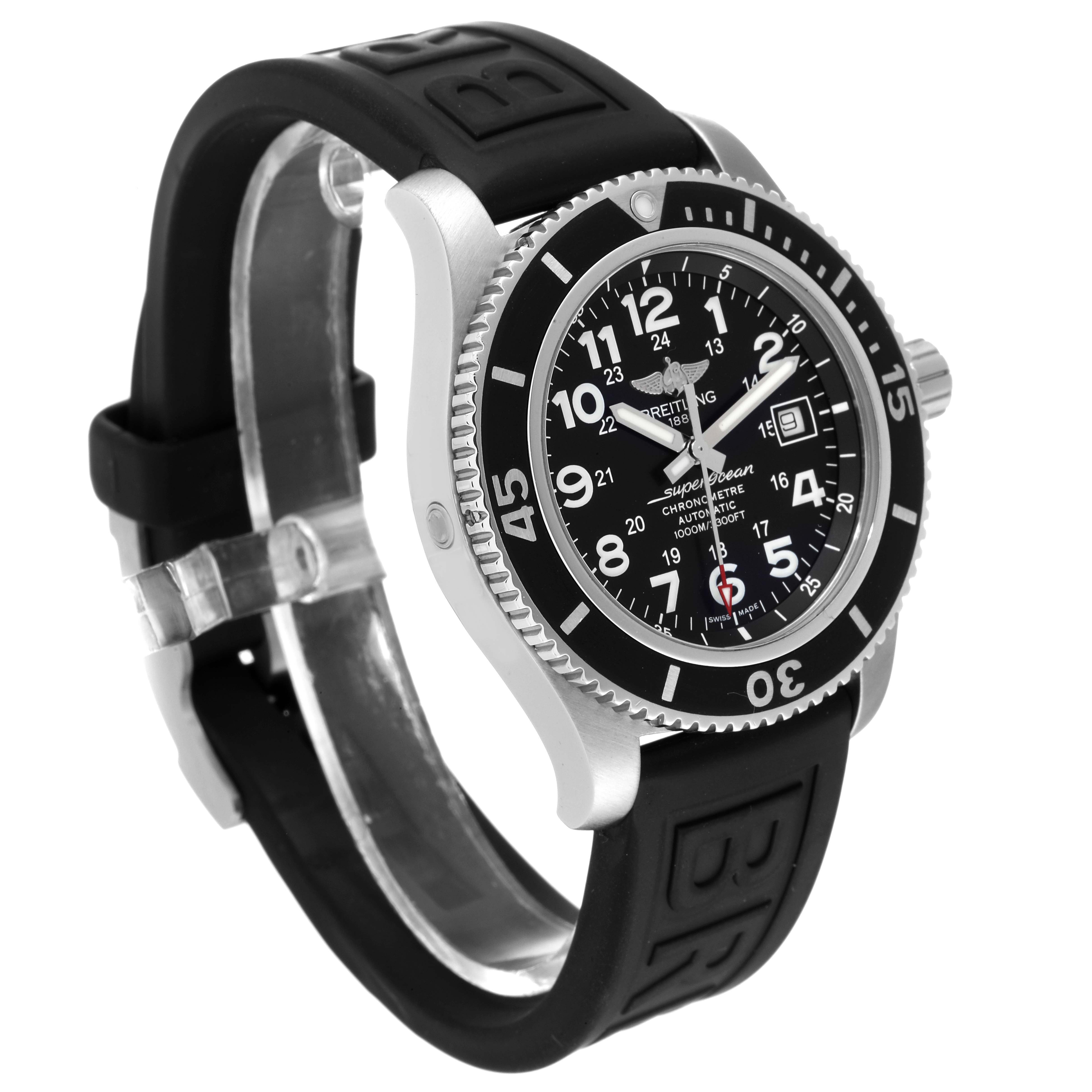 The Breitling Superocean A17392D7/BD68 Men's Stainless Steel Black Dial A17392D7/BD68 Men's Stainless Steel Black Dial watch is shown at an angle showcasing its black dial, bezel, and rubber strap.