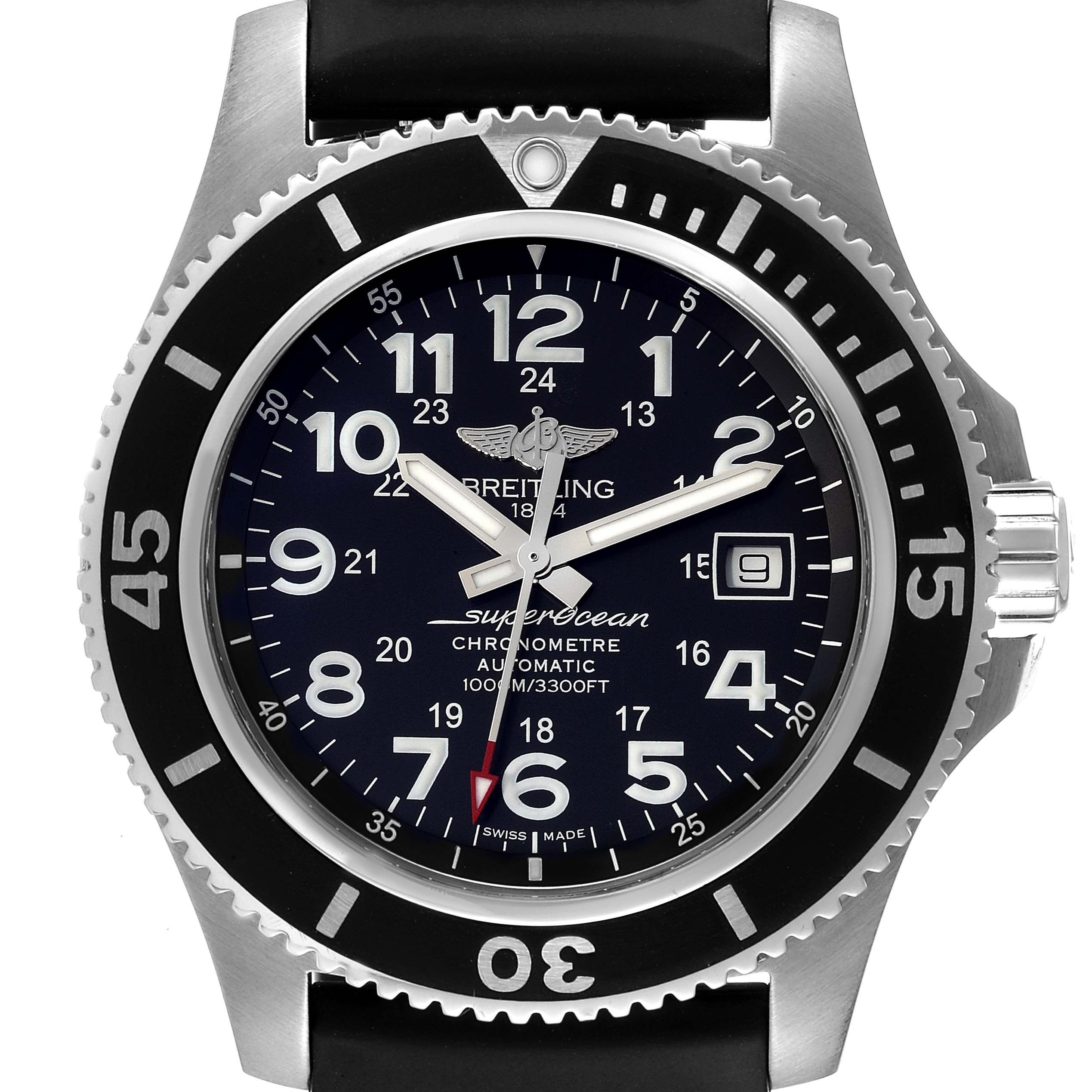 This image shows a Breitling Superocean A17392D7/BD68 Men's Stainless Steel Black Dial A17392D7/BD68 Men's Stainless Steel Black Dial watch from the front, highlighting the dial, bezel, and watch hands.