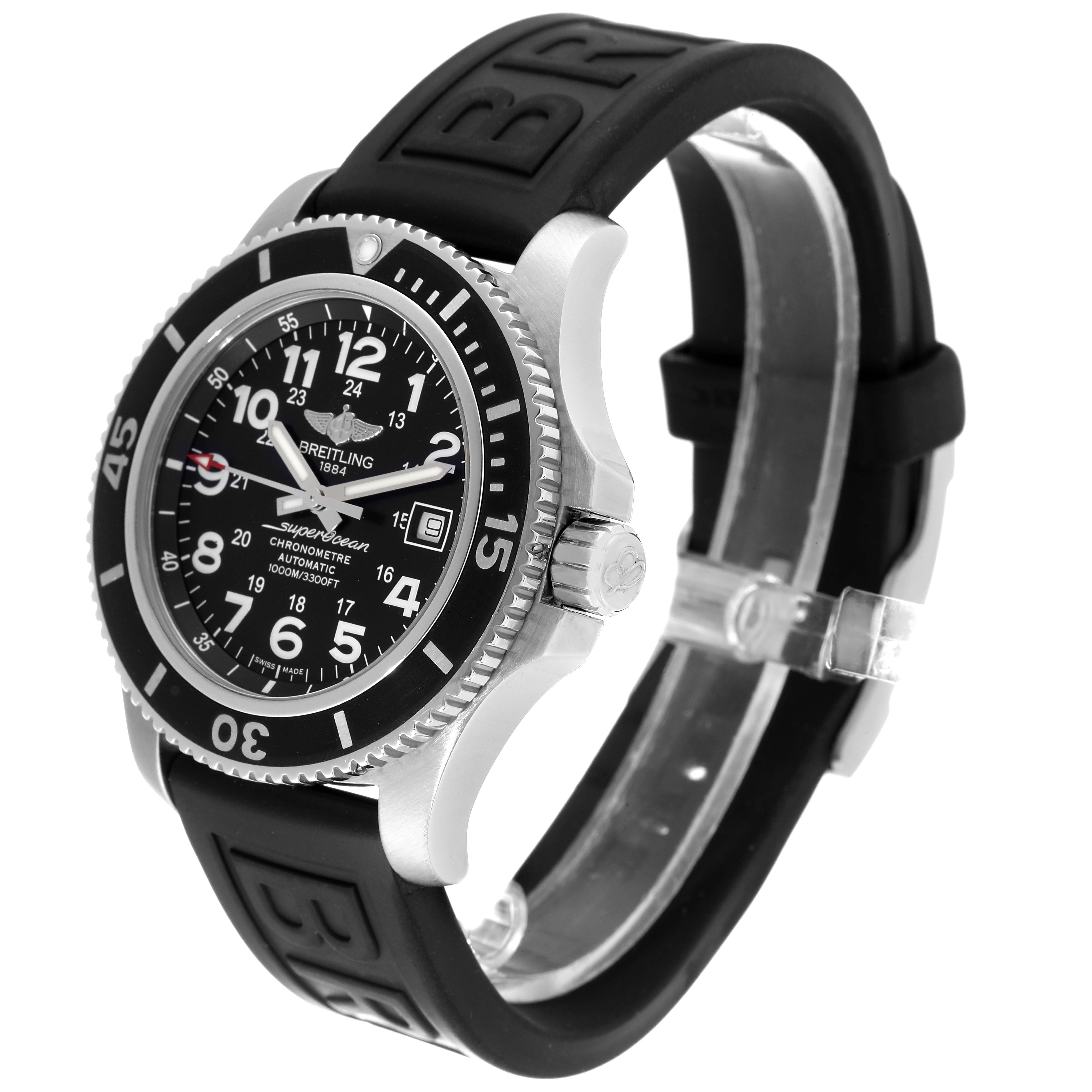 This image shows a side angle of a Breitling Superocean A17392D7/BD68 Men's Stainless Steel Black Dial A17392D7/BD68 Men's Stainless Steel Black Dial watch featuring its black bezel, dial, and rubber strap.