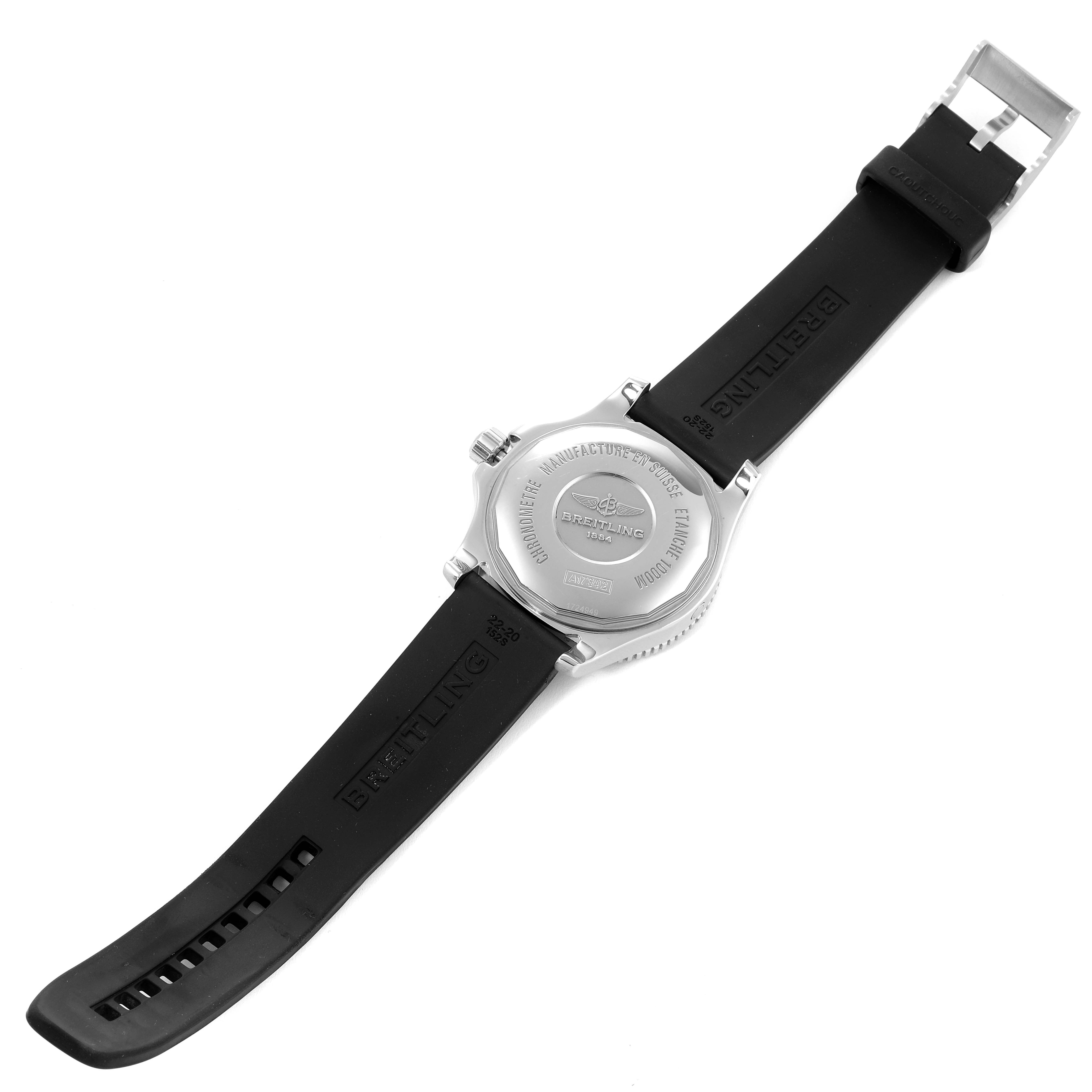 This image shows the back case and strap of a Breitling Superocean A17392D7/BD68 Men's Stainless Steel Black Dial A17392D7/BD68 Men's Stainless Steel Black Dial model watch, viewed from the backside.