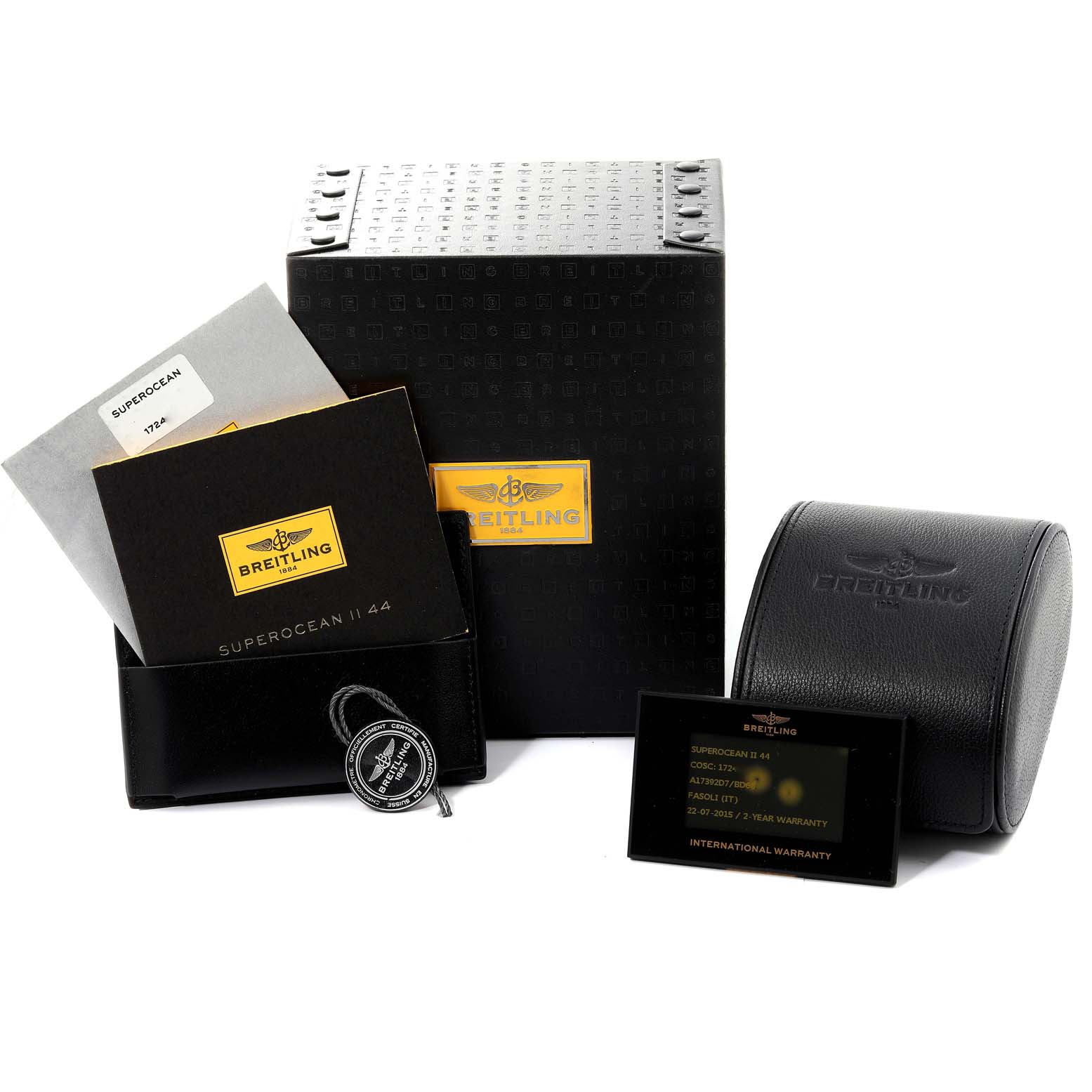 The image shows the packaging, documents, warranty card, and a travel case for the Breitling Superocean A17392D7/BD68 Men's Stainless Steel Black Dial A17392D7/BD68 Men's Stainless Steel Black Dial watch model.