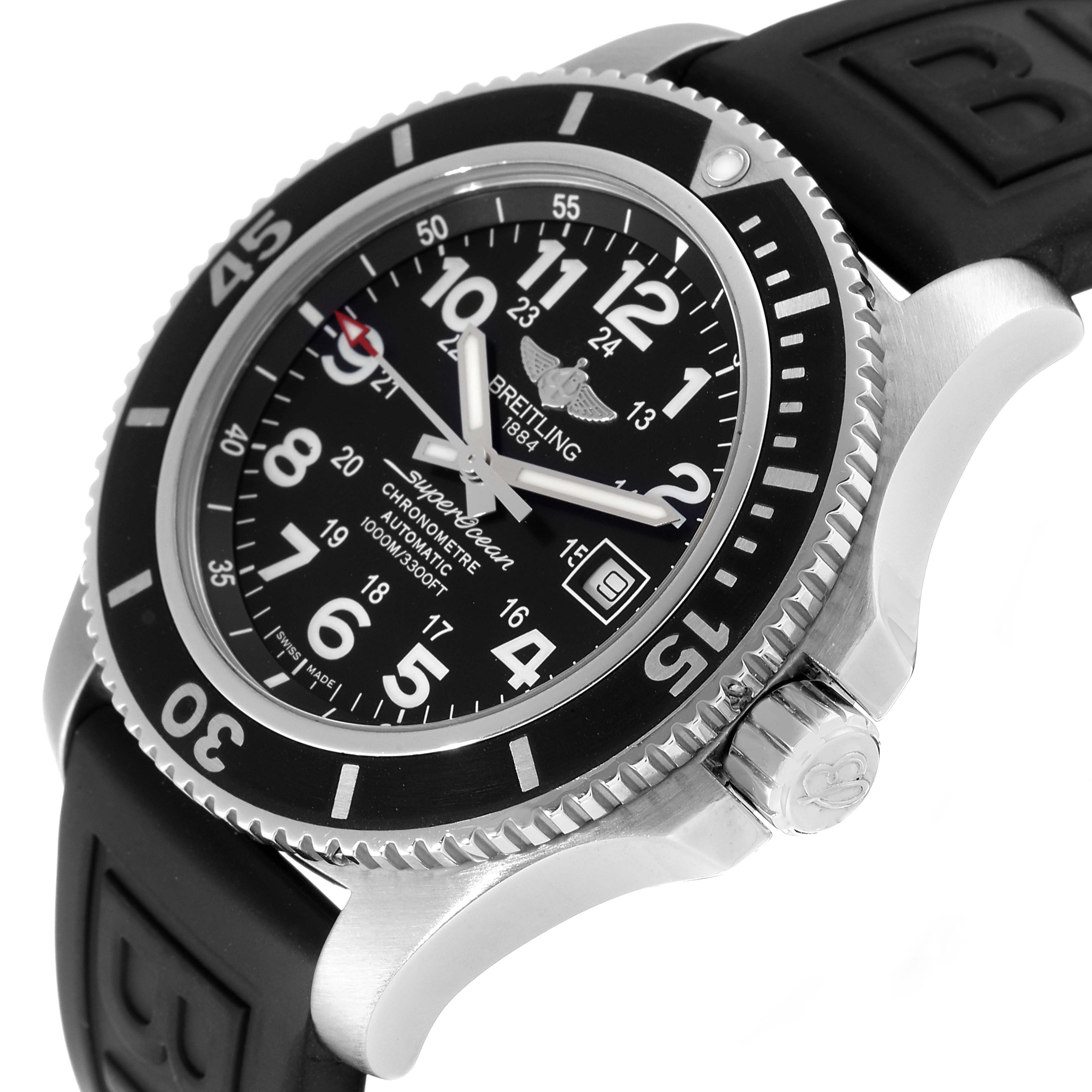 The Breitling Superocean A17392D7/BD68 Men's Stainless Steel Black Dial A17392D7/BD68 Men's Stainless Steel Black Dial watch is shown at an angled view, highlighting the black dial, bezel, and part of the rubber strap.