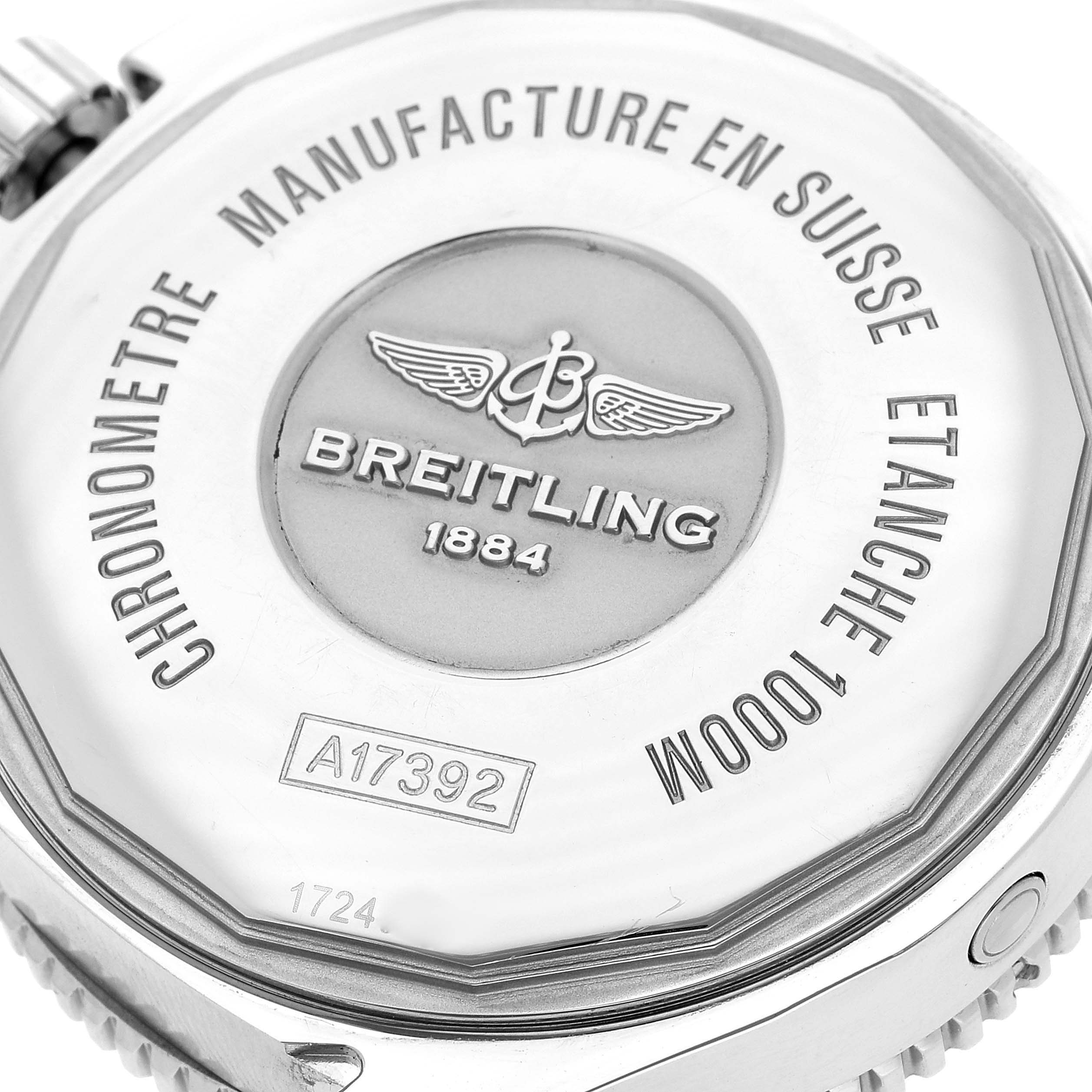 The image shows the case back of the Breitling Superocean A17392D7/BD68 Men's Stainless Steel Black Dial A17392D7/BD68 Men's Stainless Steel Black Dial watch, highlighting its engravings and model information.