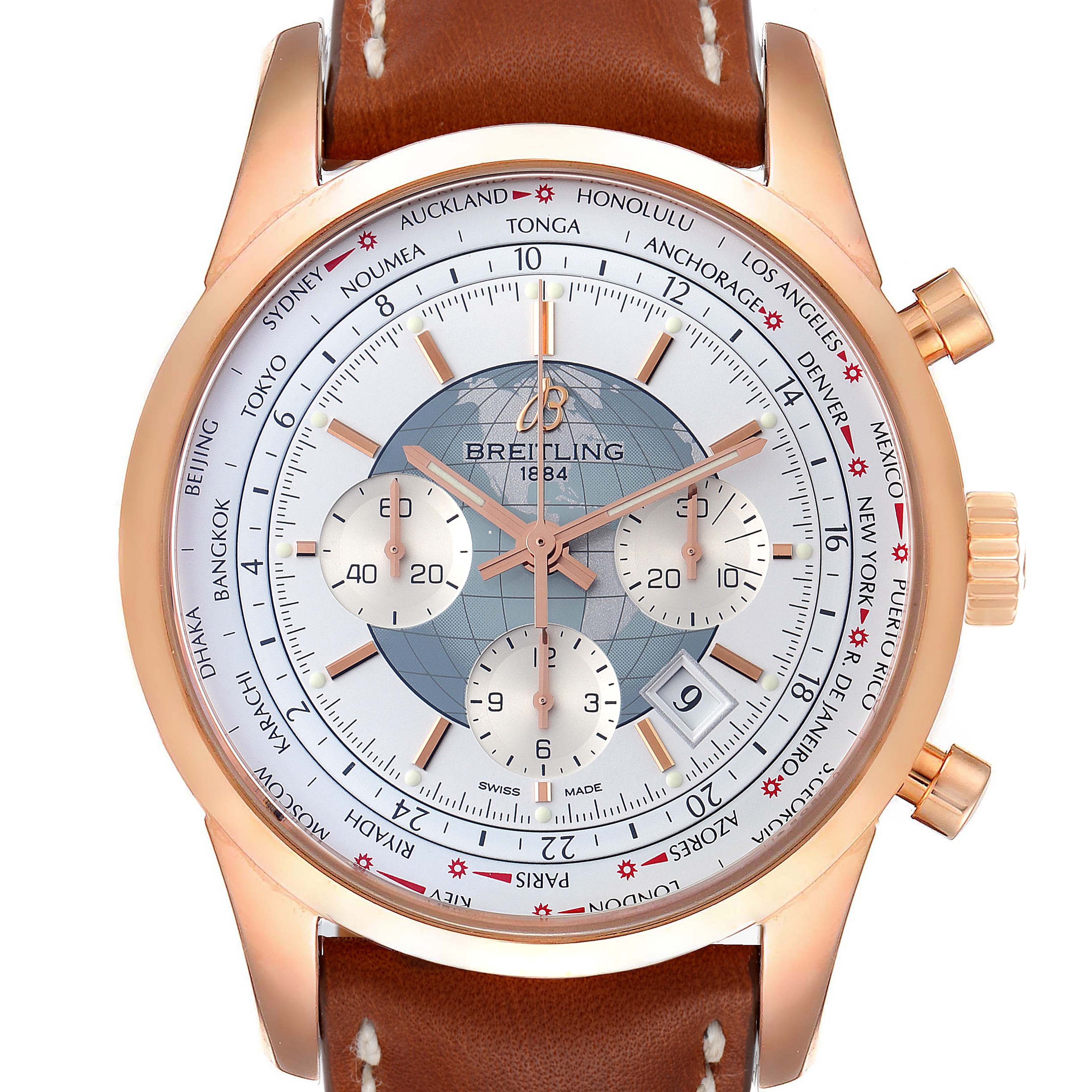 The image shows a front view of a Breitling Transocean RB0510U4-BB63BKLD Men's Rose Gold White Dial RB0510U4-BB63BKLD Men's Rose Gold White Dial wristwatch, highlighting its dial, subdials, bezel, and brown leather strap.