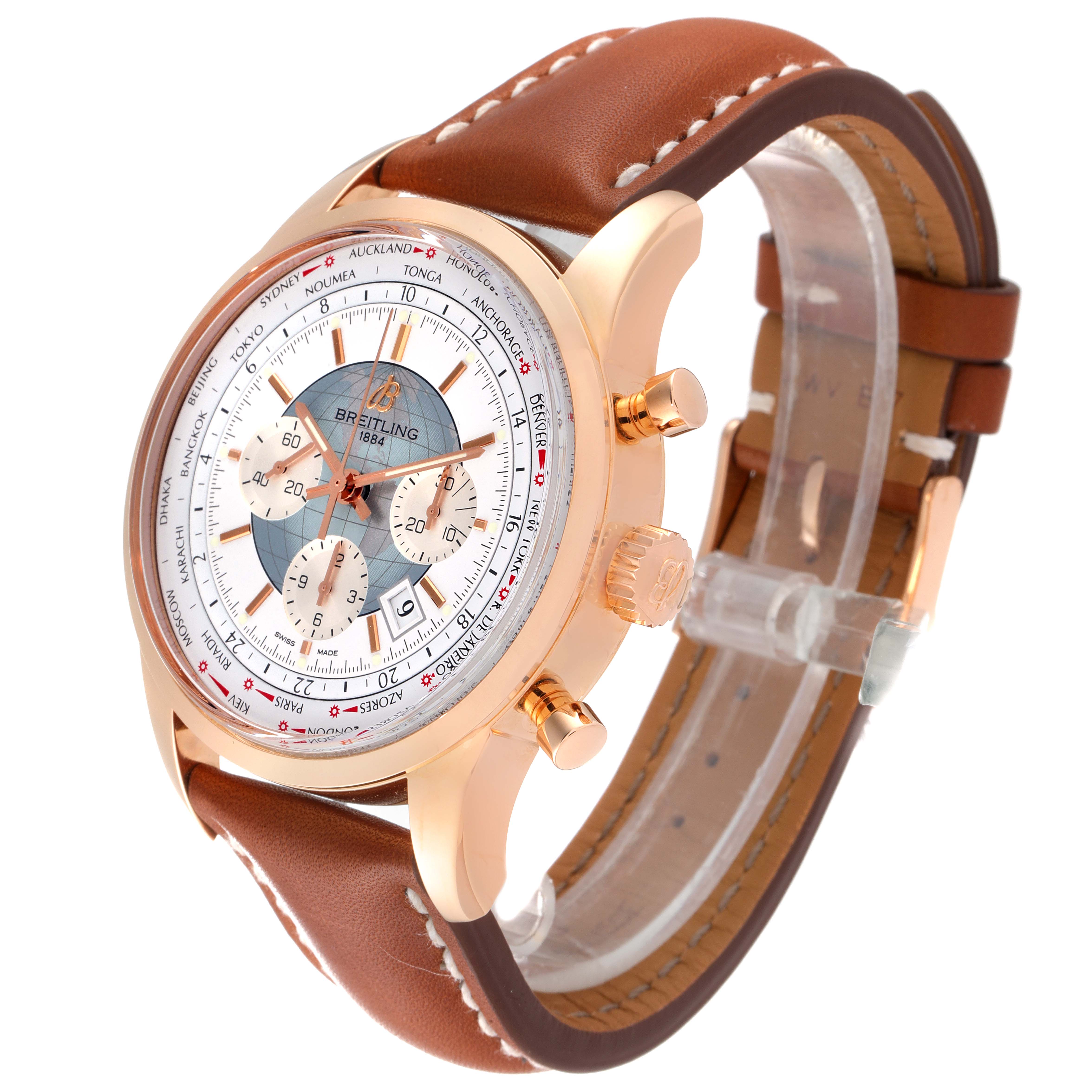 This image shows a Breitling Transocean RB0510U4-BB63BKLD Men's Rose Gold White Dial RB0510U4-BB63BKLD Men's Rose Gold White Dial watch at a three-quarter angle, highlighting its dial, crown, pushers, and leather strap.