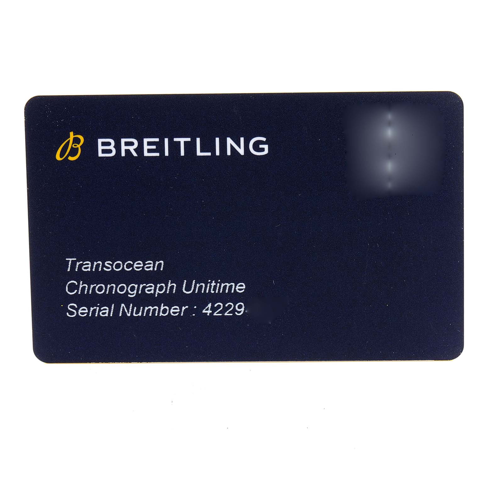 This image shows the warranty card for a Breitling Transocean RB0510U4-BB63BKLD Men's Rose Gold White Dial RB0510U4-BB63BKLD Men's Rose Gold White Dial Chronograph Unitime watch.
