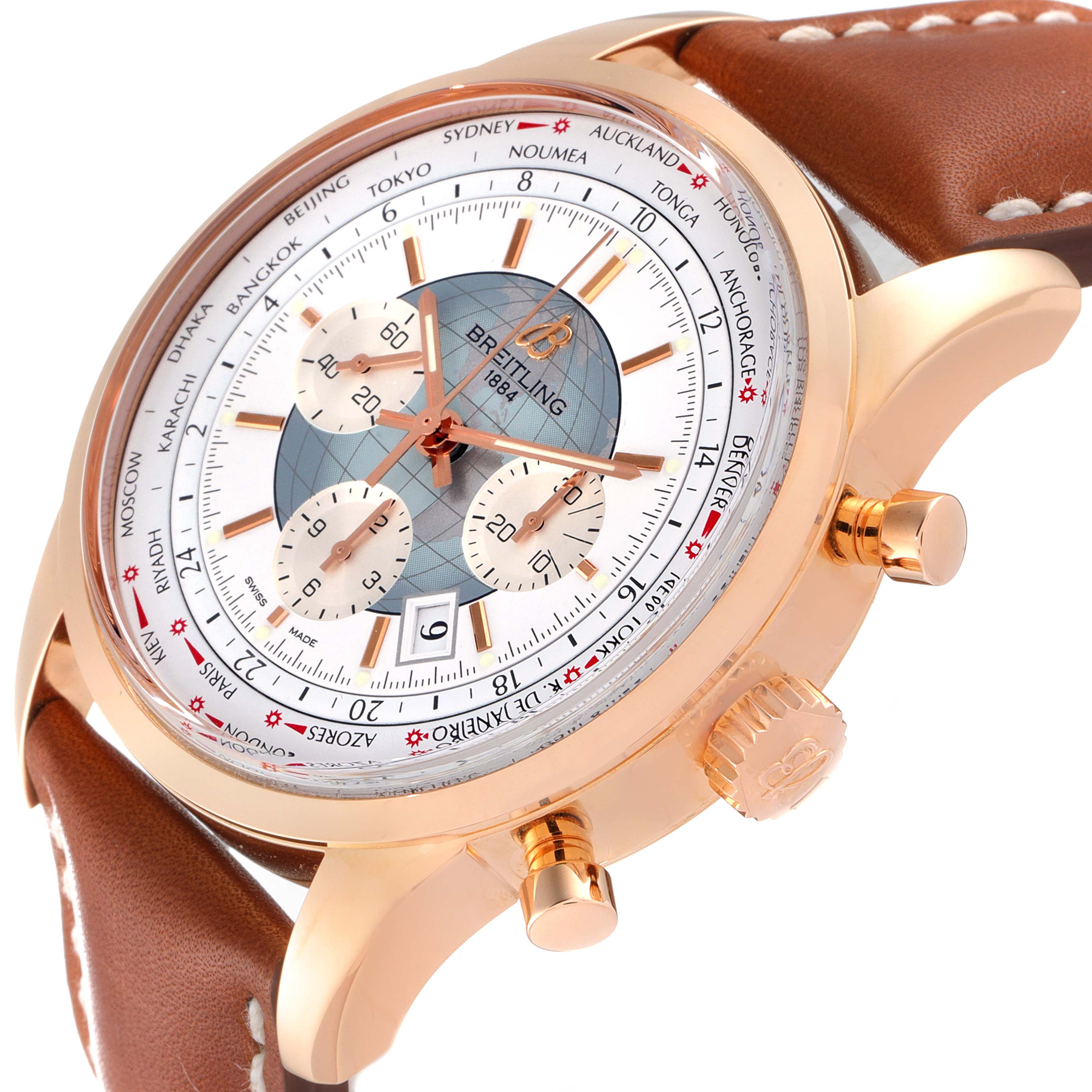 This image shows a side and partial front view of the Breitling Transocean RB0510U4-BB63BKLD Men's Rose Gold White Dial RB0510U4-BB63BKLD Men's Rose Gold White Dial watch, highlighting its case, dial, and pushers.