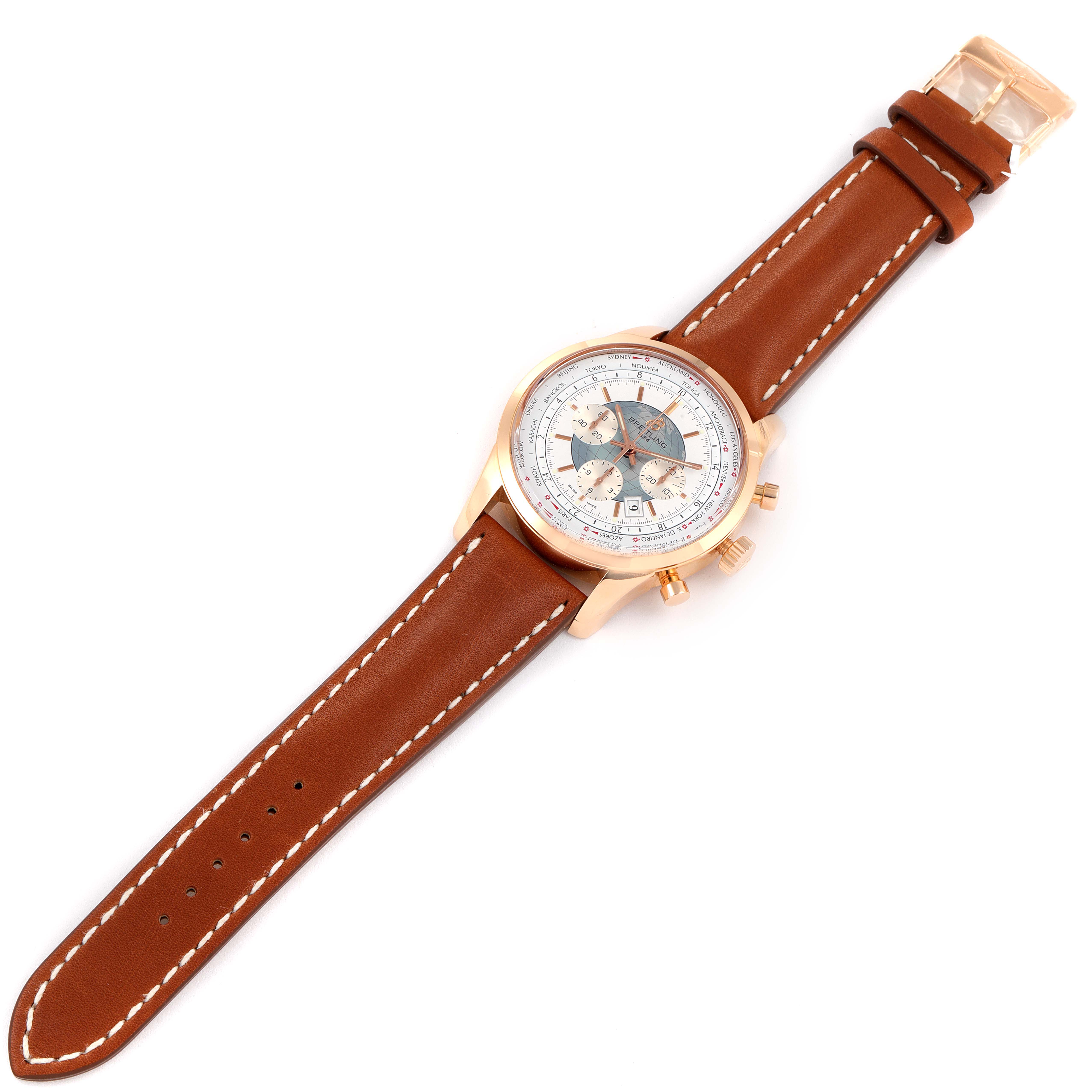 This is a top-down view of a Breitling Transocean RB0510U4-BB63BKLD Men's Rose Gold White Dial RB0510U4-BB63BKLD Men's Rose Gold White Dial watch showing the face, straps, and buckle.