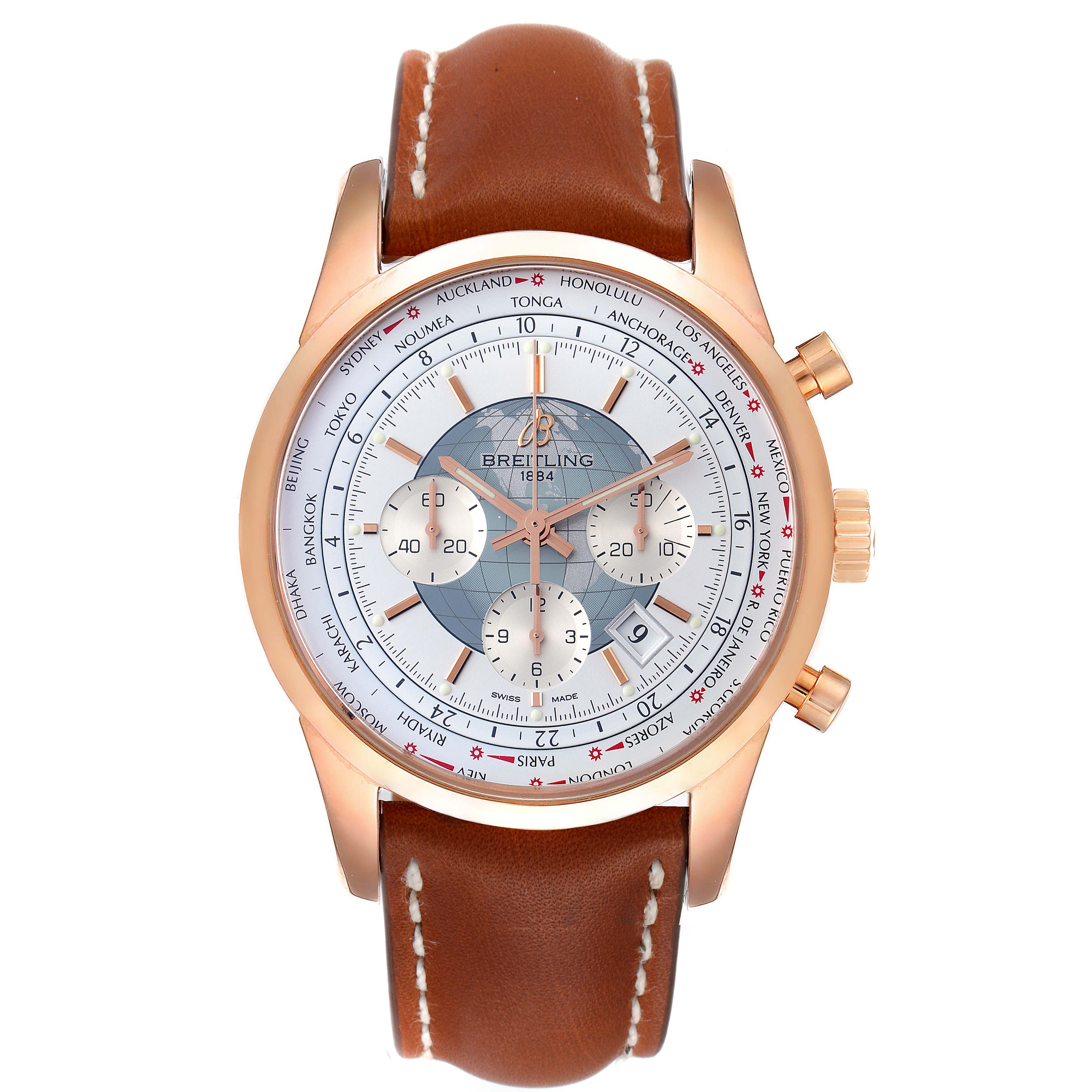 The Breitling Transocean RB0510U4-BB63BKLD Men's Rose Gold White Dial RB0510U4-BB63BKLD Men's Rose Gold White Dial watch is shown from the front, displaying the dial, subdials, rose gold casing, and brown leather strap.